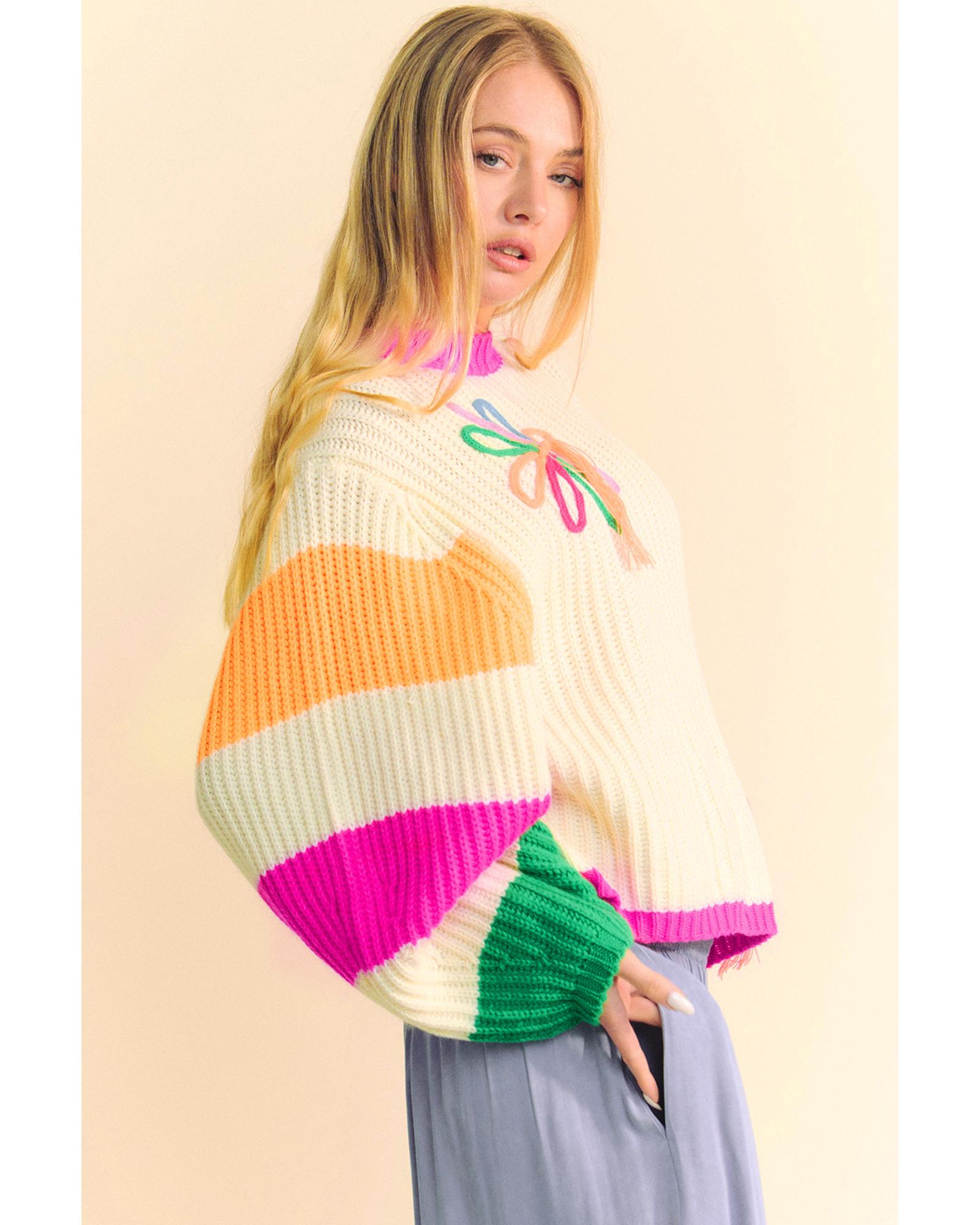 Beige Colorblock Flower Print Cable Knit Loose Sweater - XL