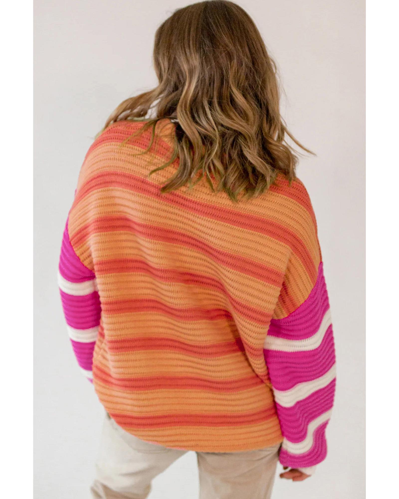 Orange Stripe Colorblock Crew Neck Drop Shoulder Loose Sweater - XL