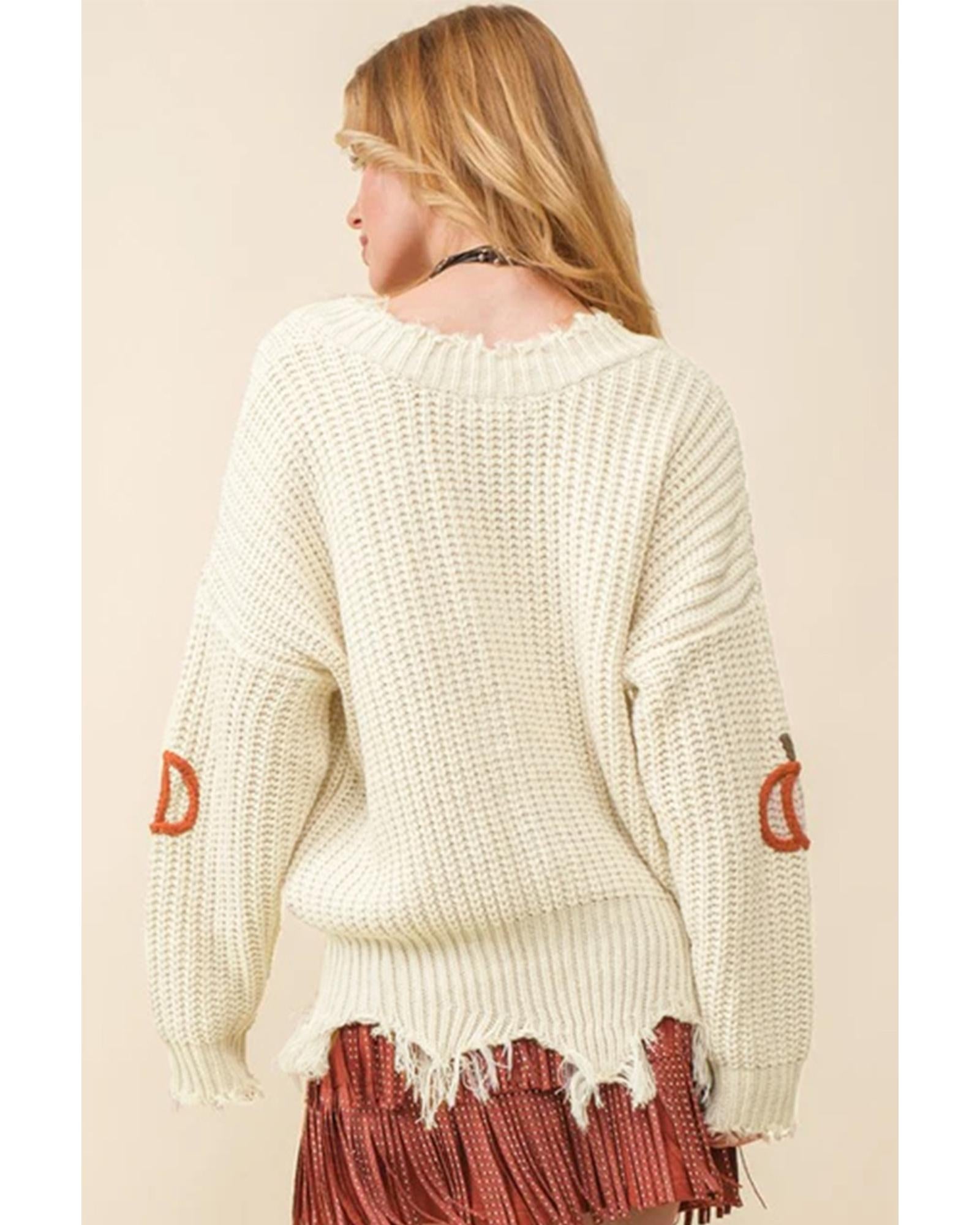 Beige Cable Knit Pumpkin Raw Hem V Neck Loose Sweater - L