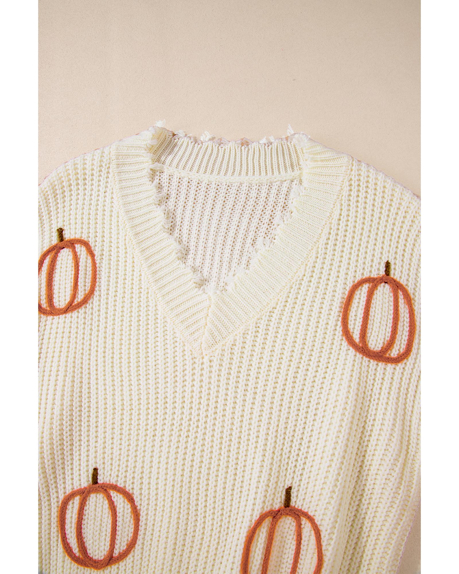 Beige Cable Knit Pumpkin Raw Hem V Neck Loose Sweater - M