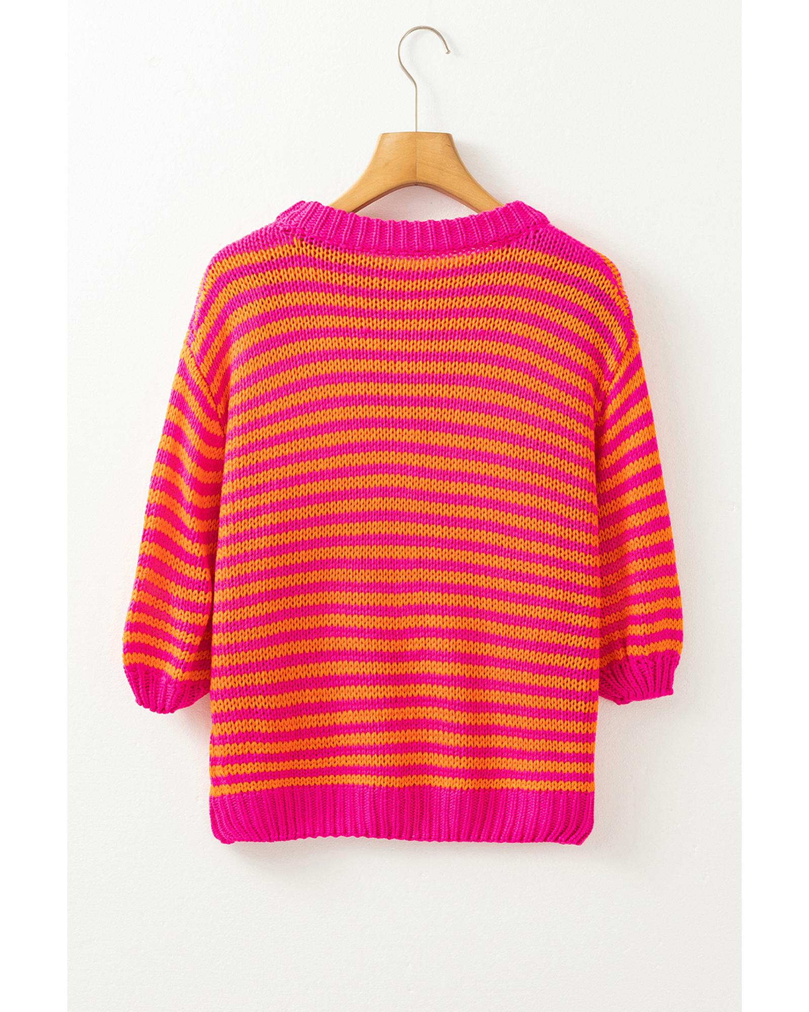 Rose Stripe 3/4 Puff Sleeve Drop Shoulder Sweater - M