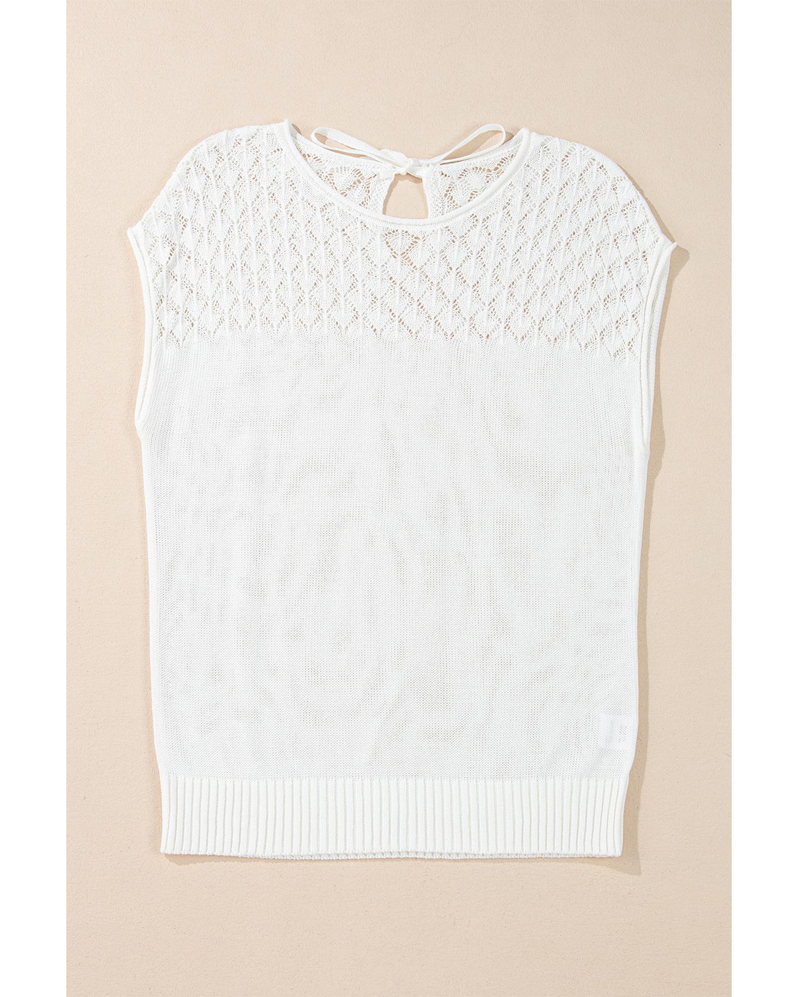 White Eyelet Knit Tied Back Short Sleeve Sweater - M