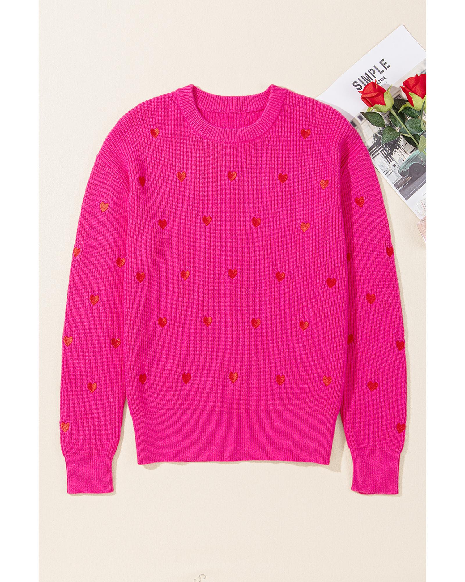 Rose Red Heart Shape Drop Shoulder Round Neck Sweater - L