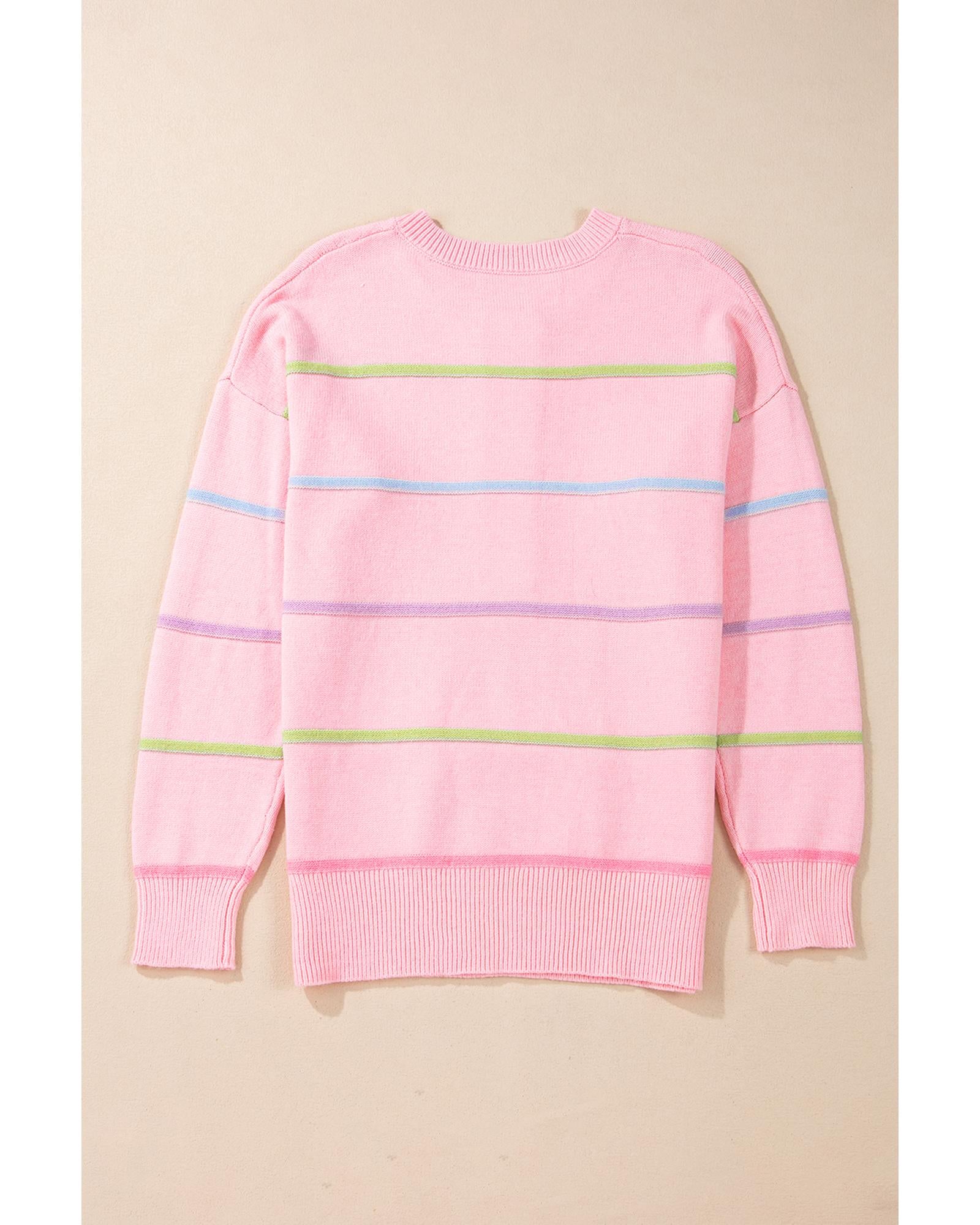 Pink Rainbow Stripes Drop Shoulder Baggy Henley Sweater - XL