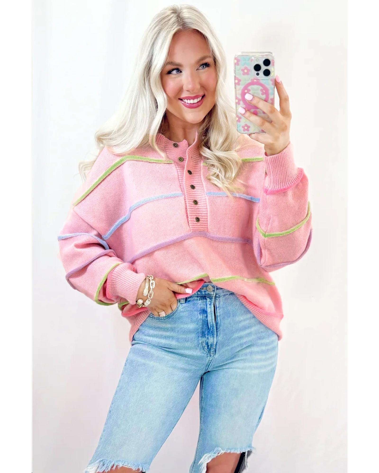 Pink Rainbow Stripes Drop Shoulder Baggy Henley Sweater - XL