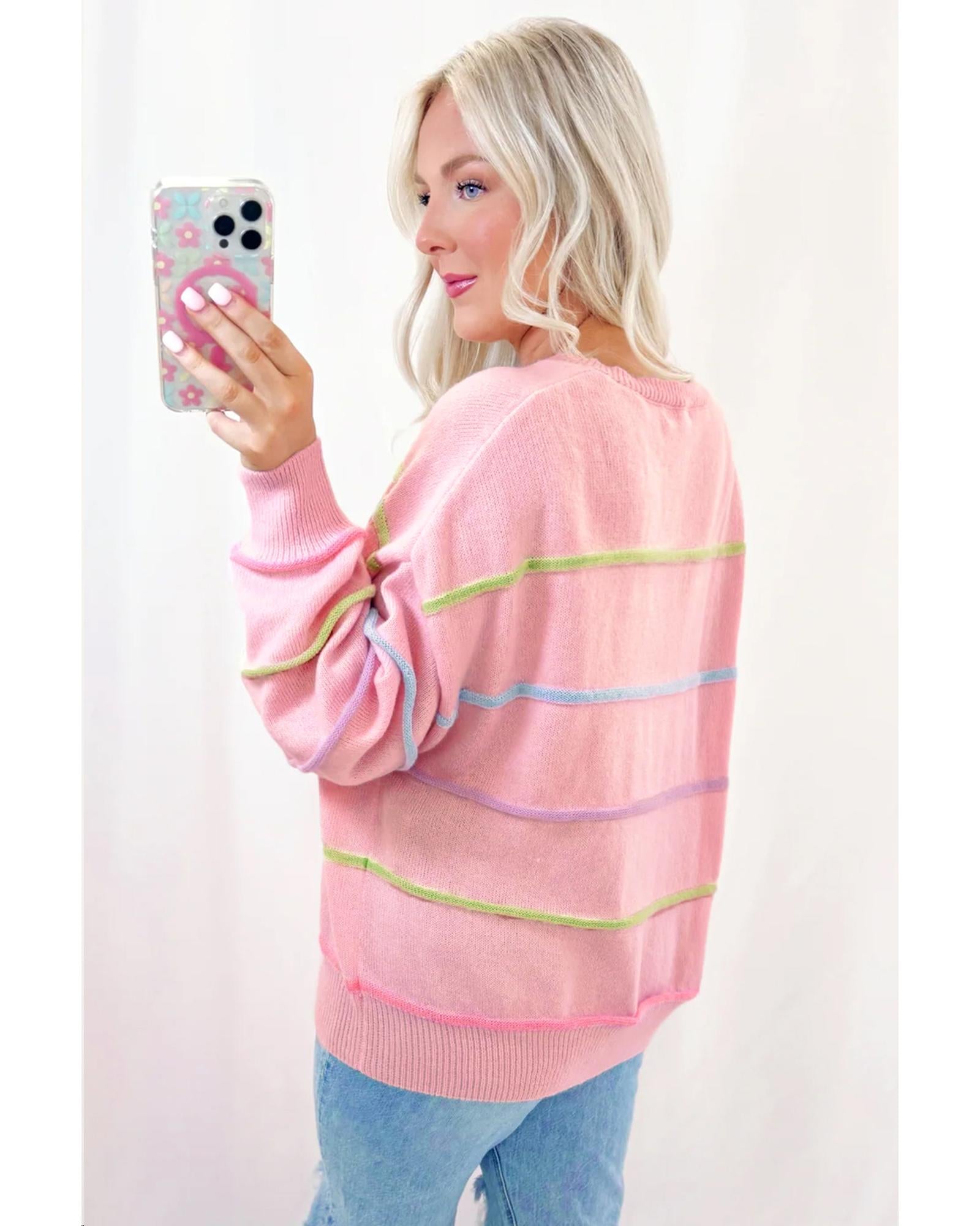 Pink Rainbow Stripes Drop Shoulder Baggy Henley Sweater - XL