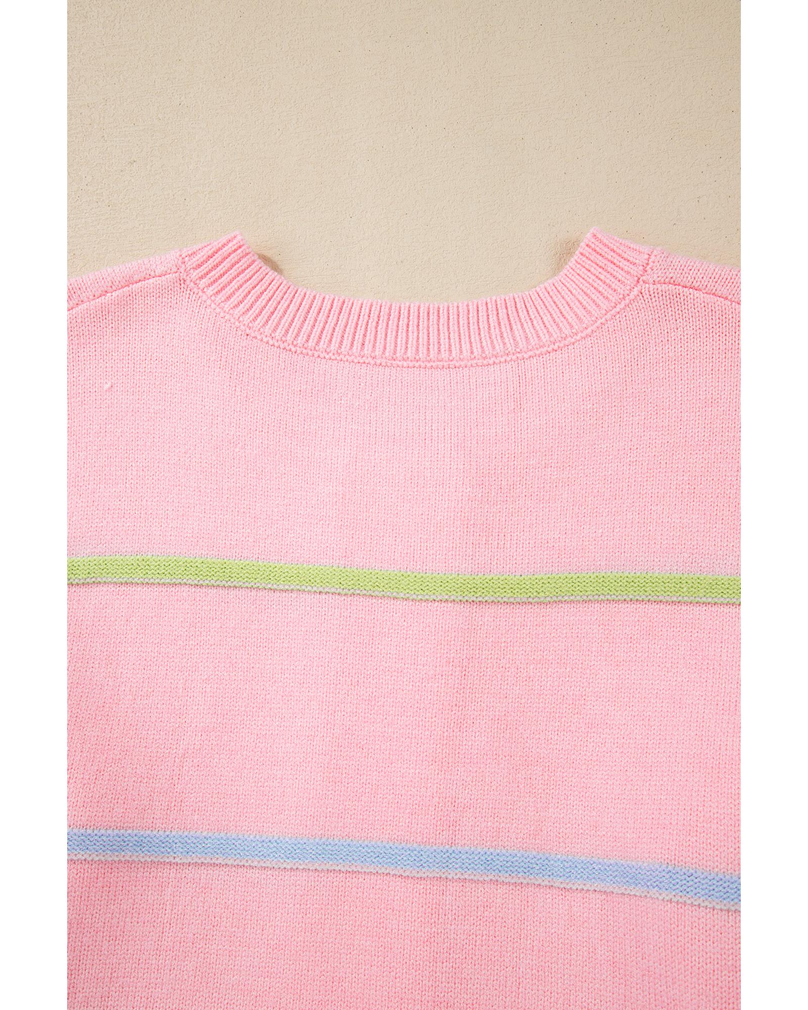 Pink Rainbow Stripes Drop Shoulder Baggy Henley Sweater - XL