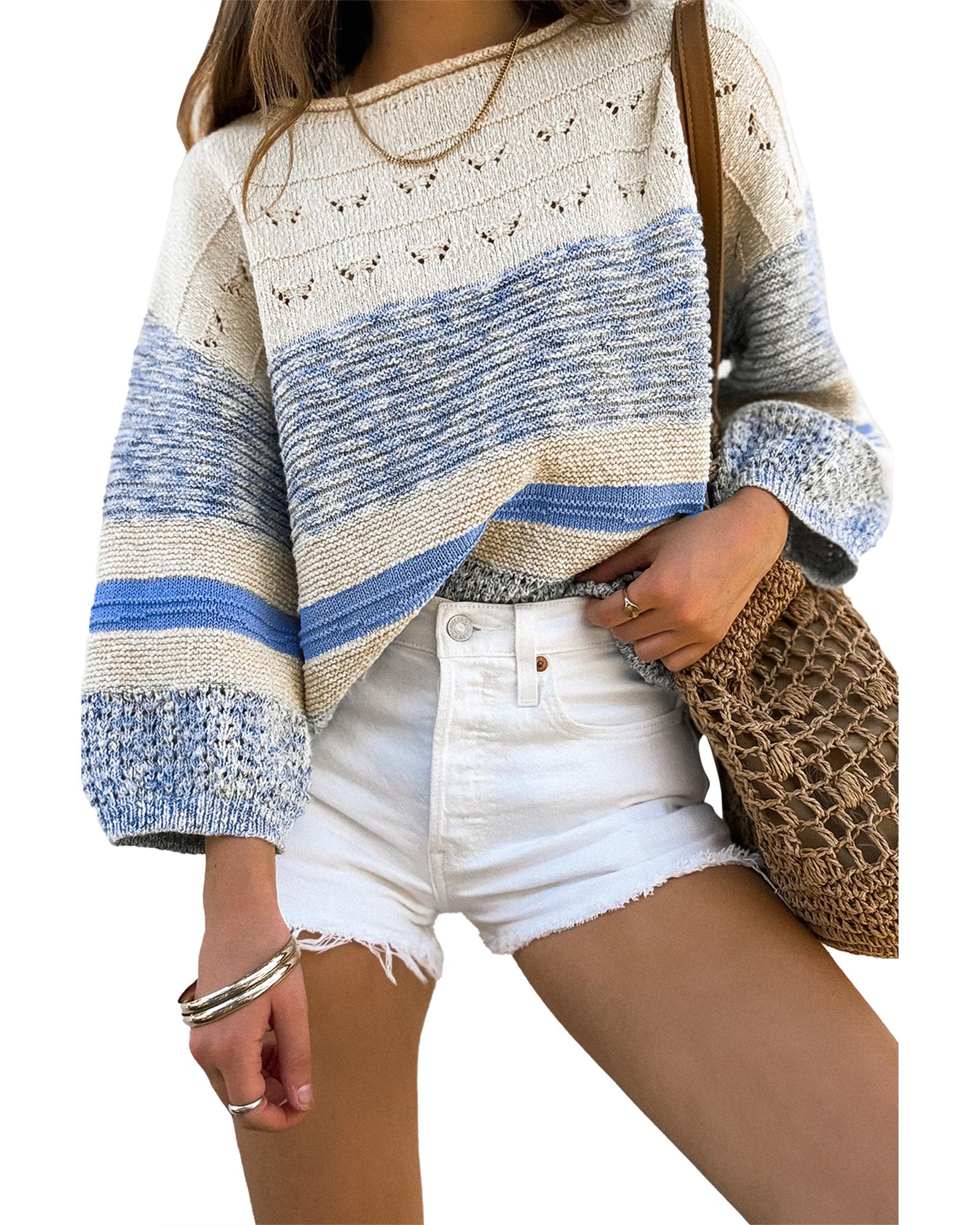 Light Blue Open Stitch Puff Sleeve Sweater - S