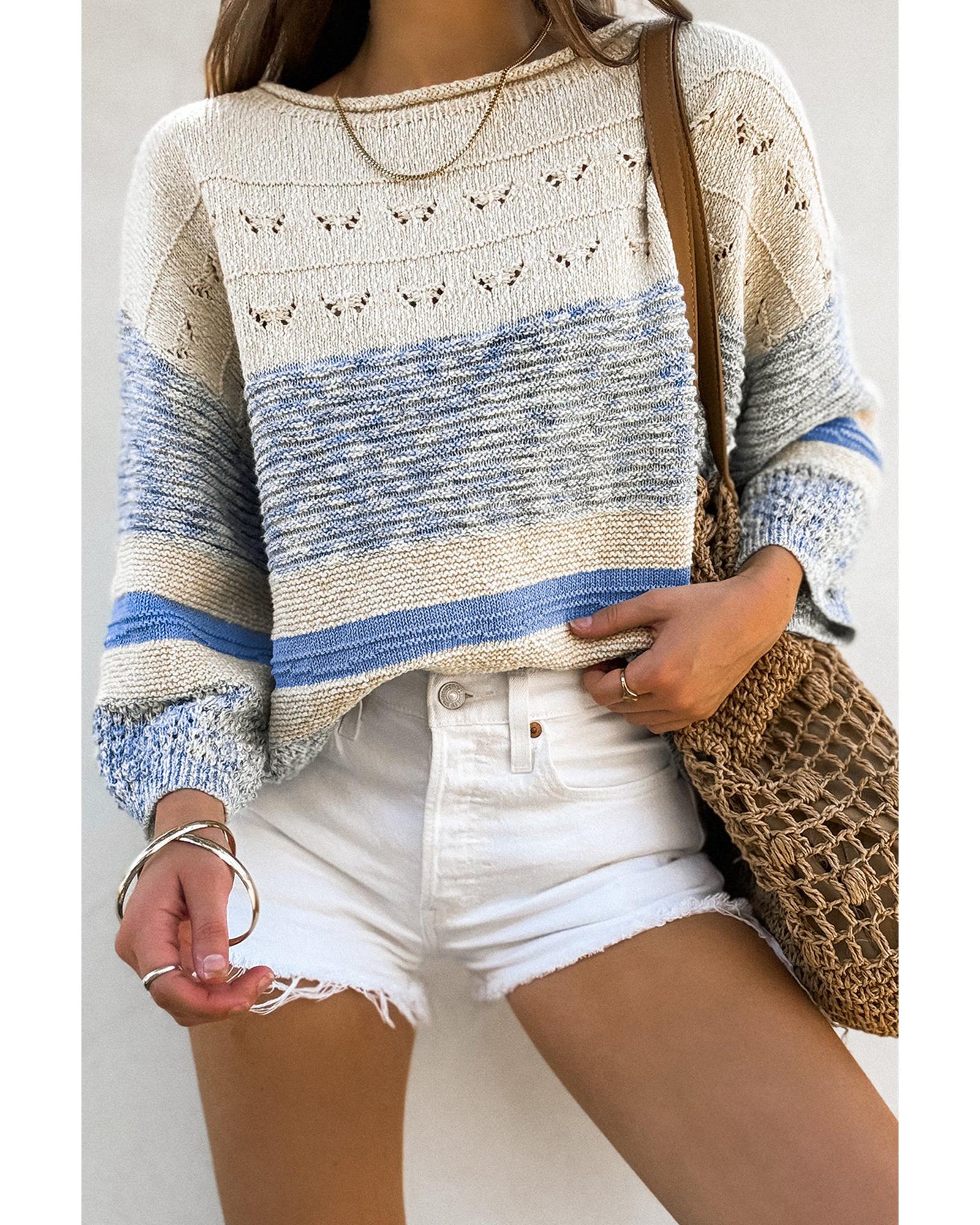 Light Blue Open Stitch Puff Sleeve Sweater - S