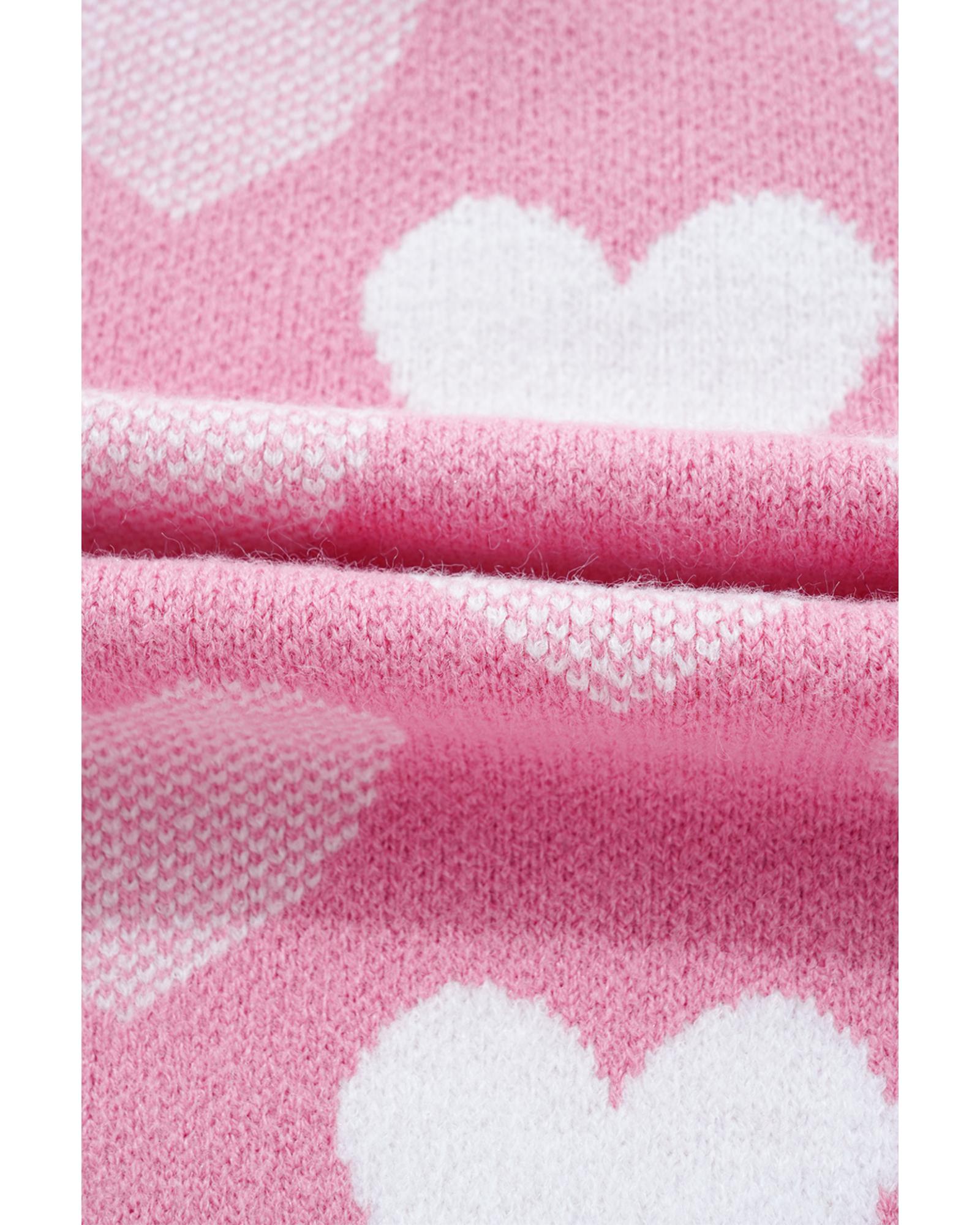 Pink Pearled Heart Print Valentines Crew Neck Sweater - S