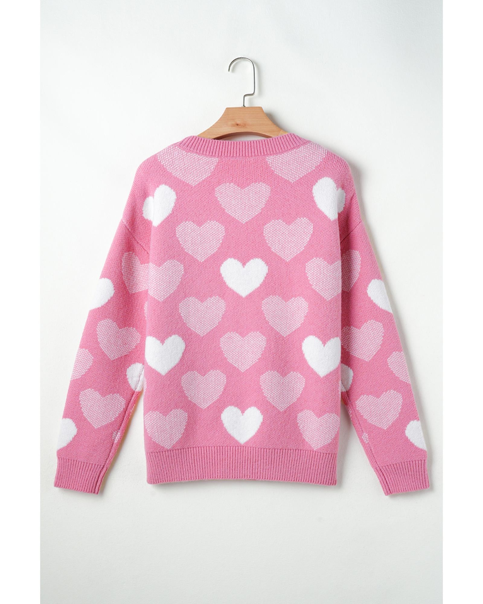 Pink Pearled Heart Print Valentines Crew Neck Sweater - S