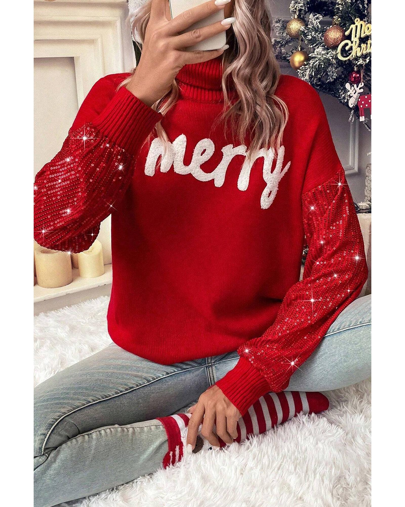 Racing Red Merry Graphic Sequin Sleeves Christmas Turtleneck Sweater - XL