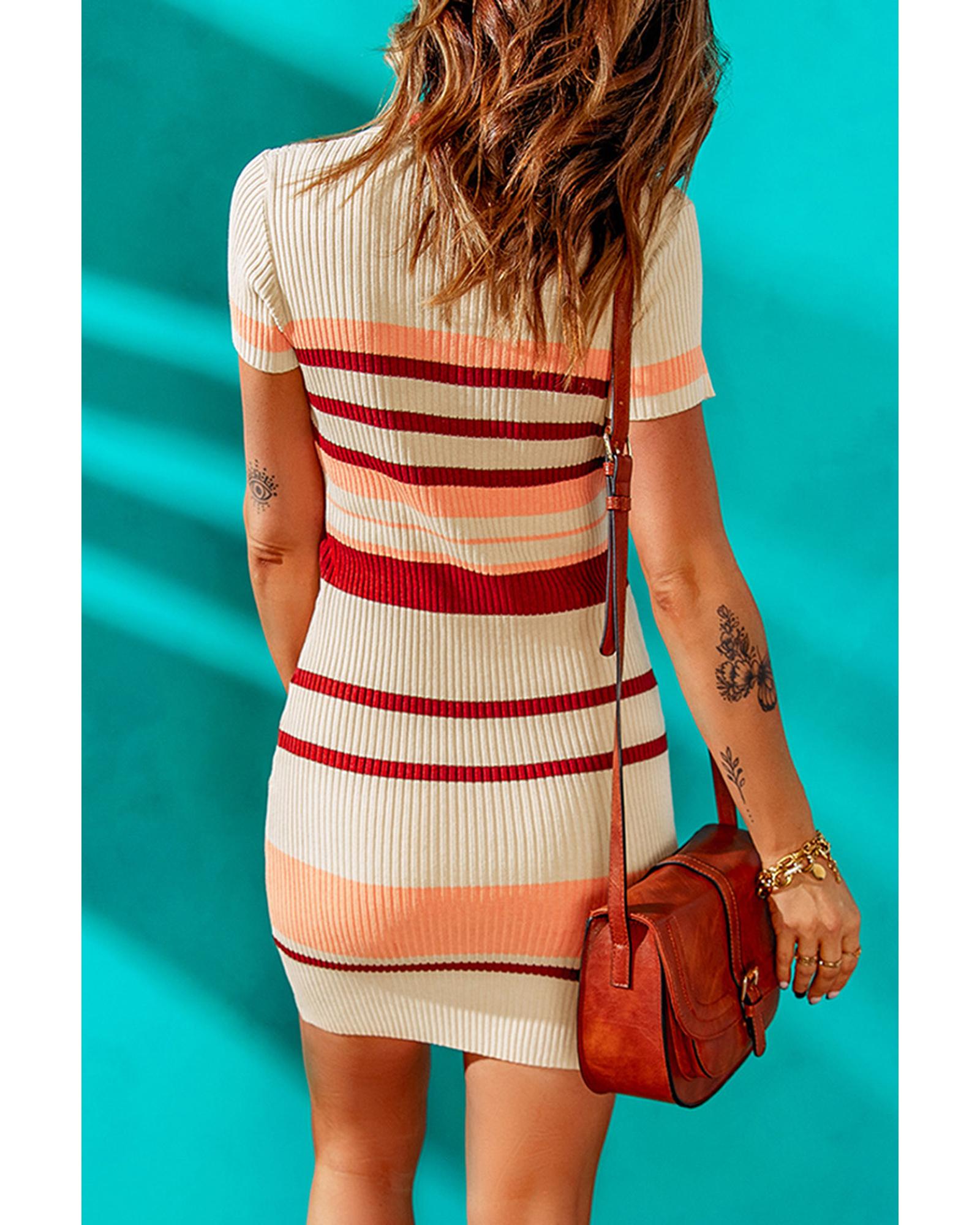 Apricot Striped Ribbed Knit V Neck Bodycon Mini Dress - L