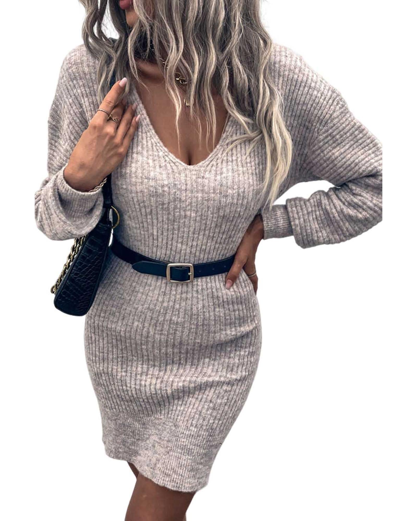 Gray V Neck Bodycon Sweater Dress - M