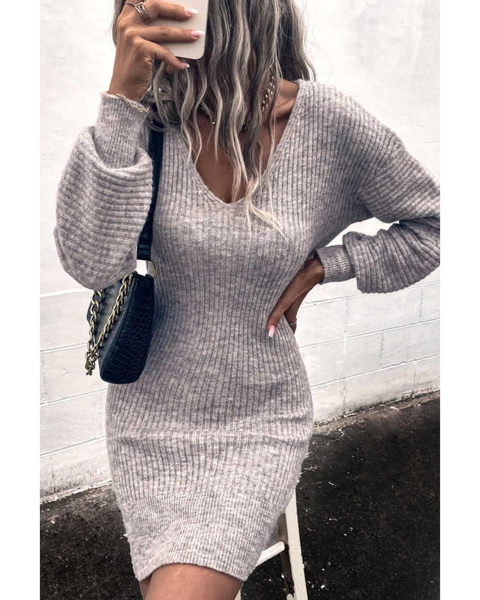 Gray V Neck Bodycon Sweater Dress - XL