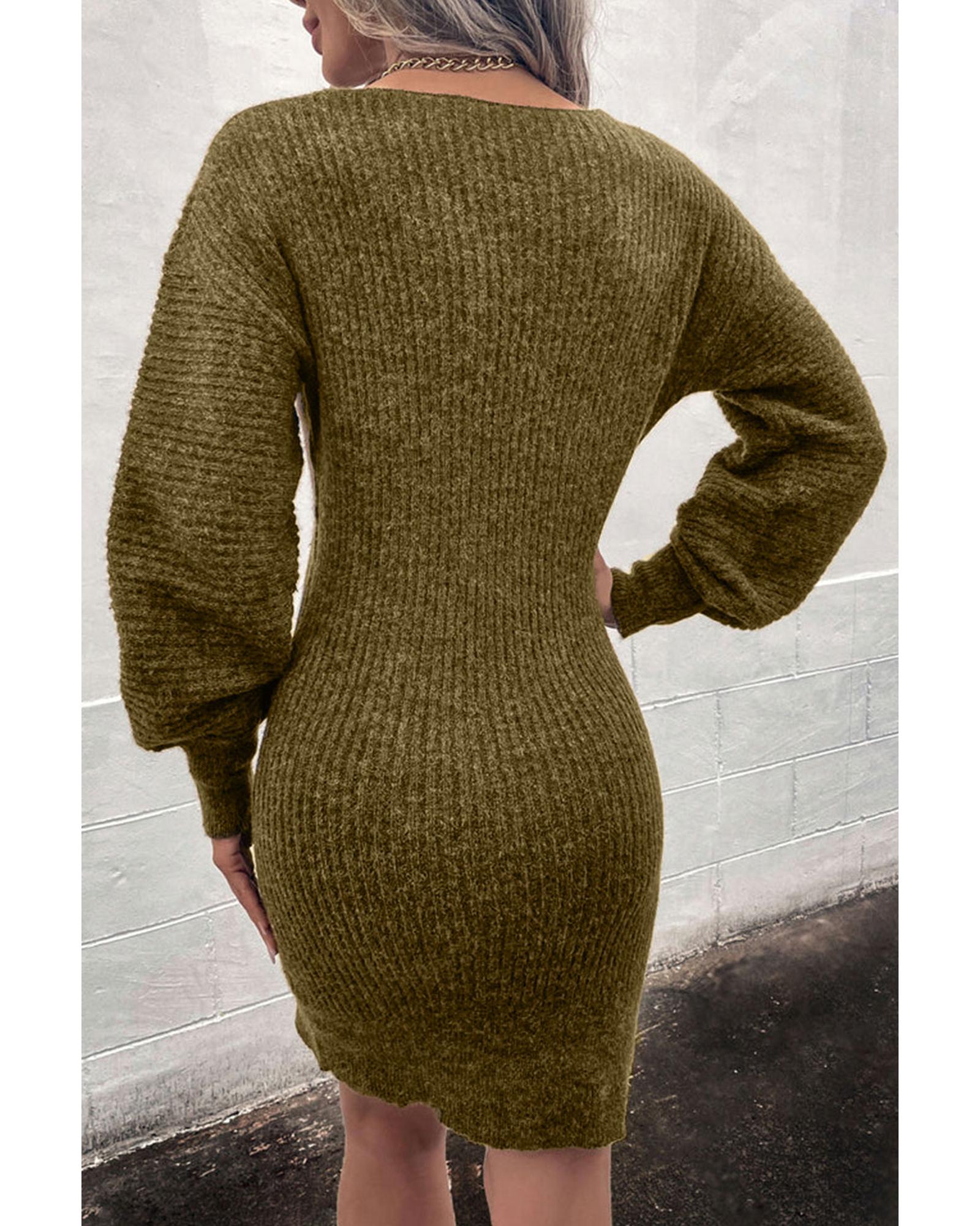 Green V Neck Bodycon Sweater Dress - L