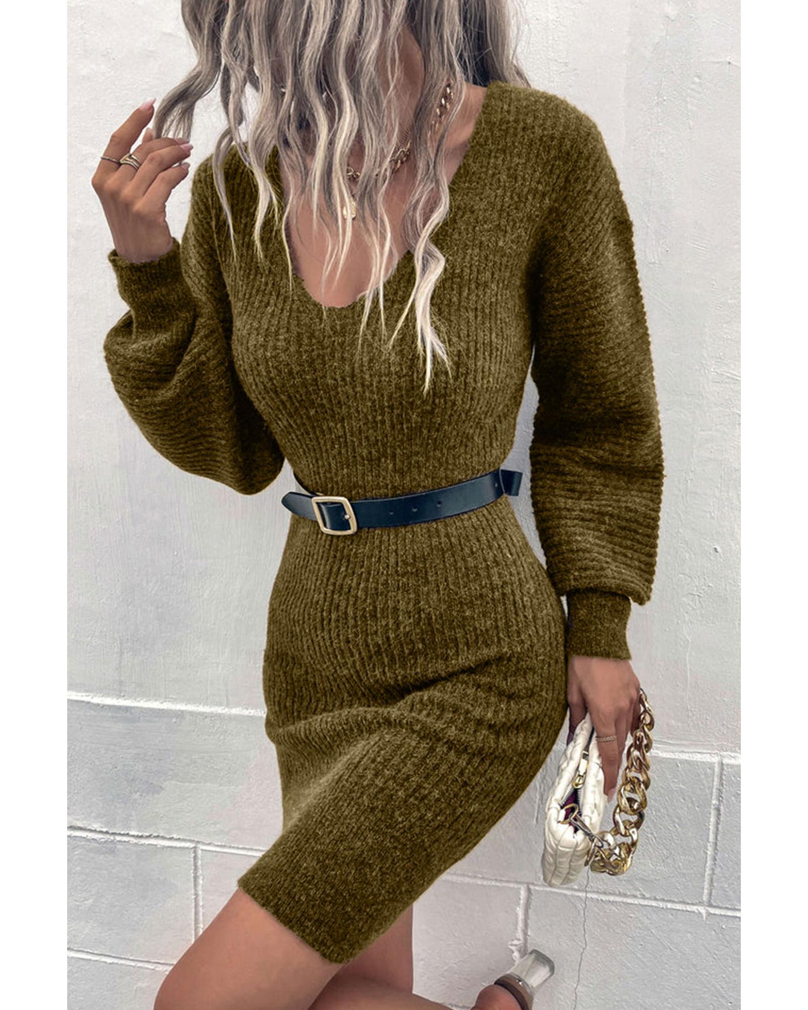 Green V Neck Bodycon Sweater Dress - S