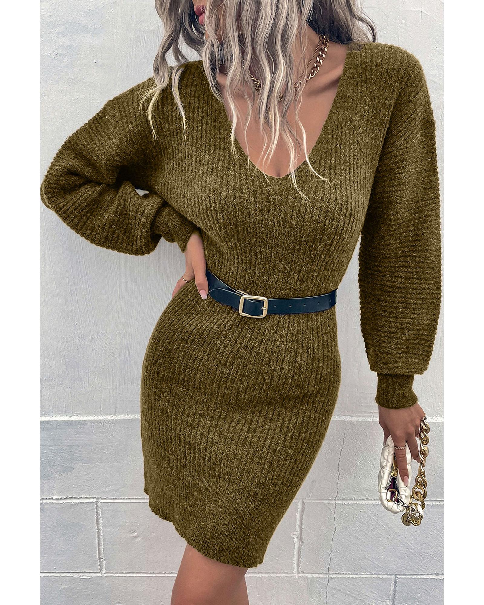 Green V Neck Bodycon Sweater Dress - XL