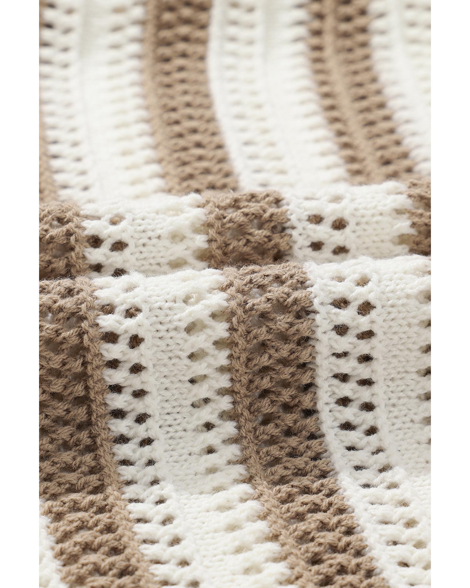 Khaki Stripe Hollowed Knit Sleeveless Sweater Dress - L