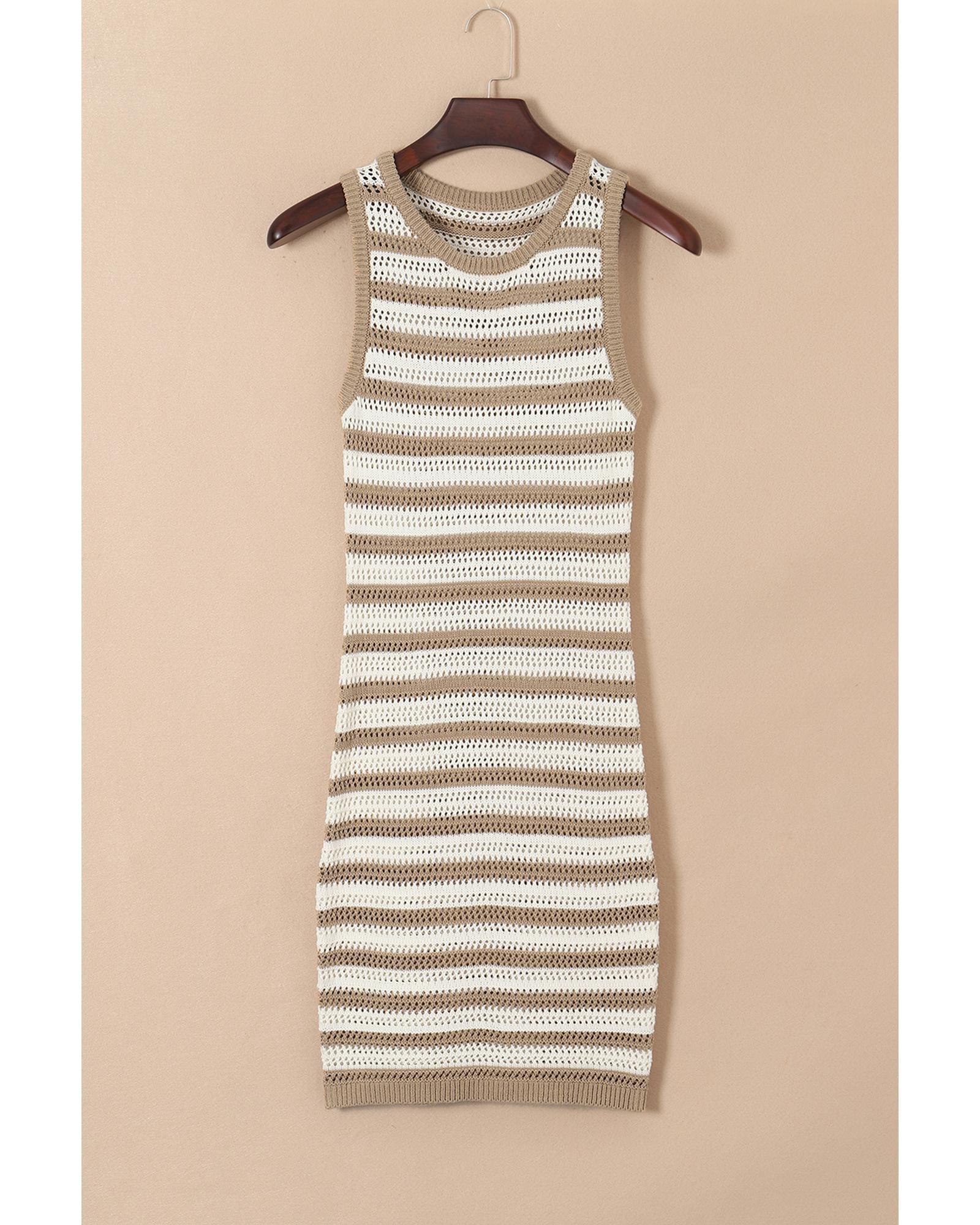 Khaki Stripe Hollowed Knit Sleeveless Sweater Dress - M