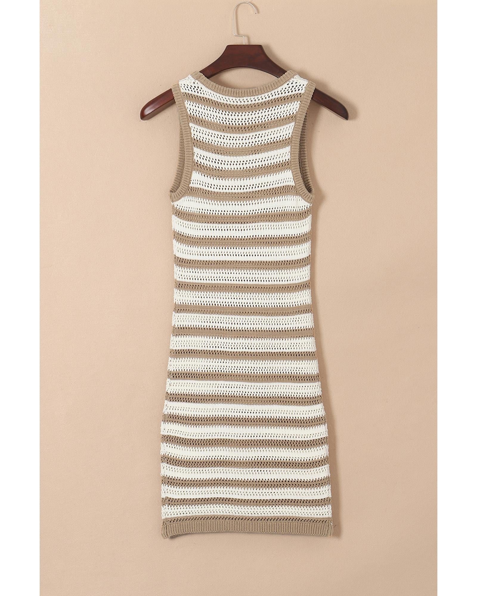 Khaki Stripe Hollowed Knit Sleeveless Sweater Dress - M