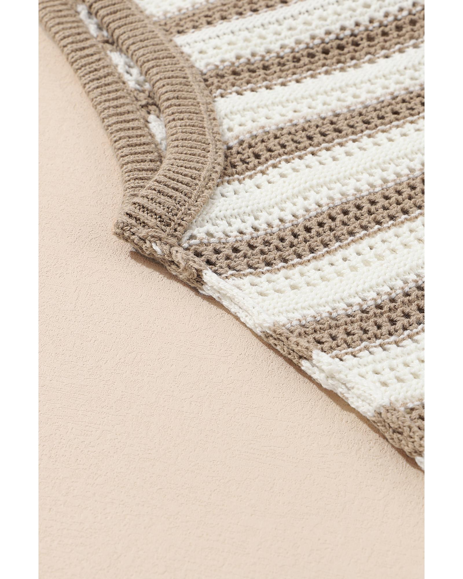 Khaki Stripe Hollowed Knit Sleeveless Sweater Dress - S