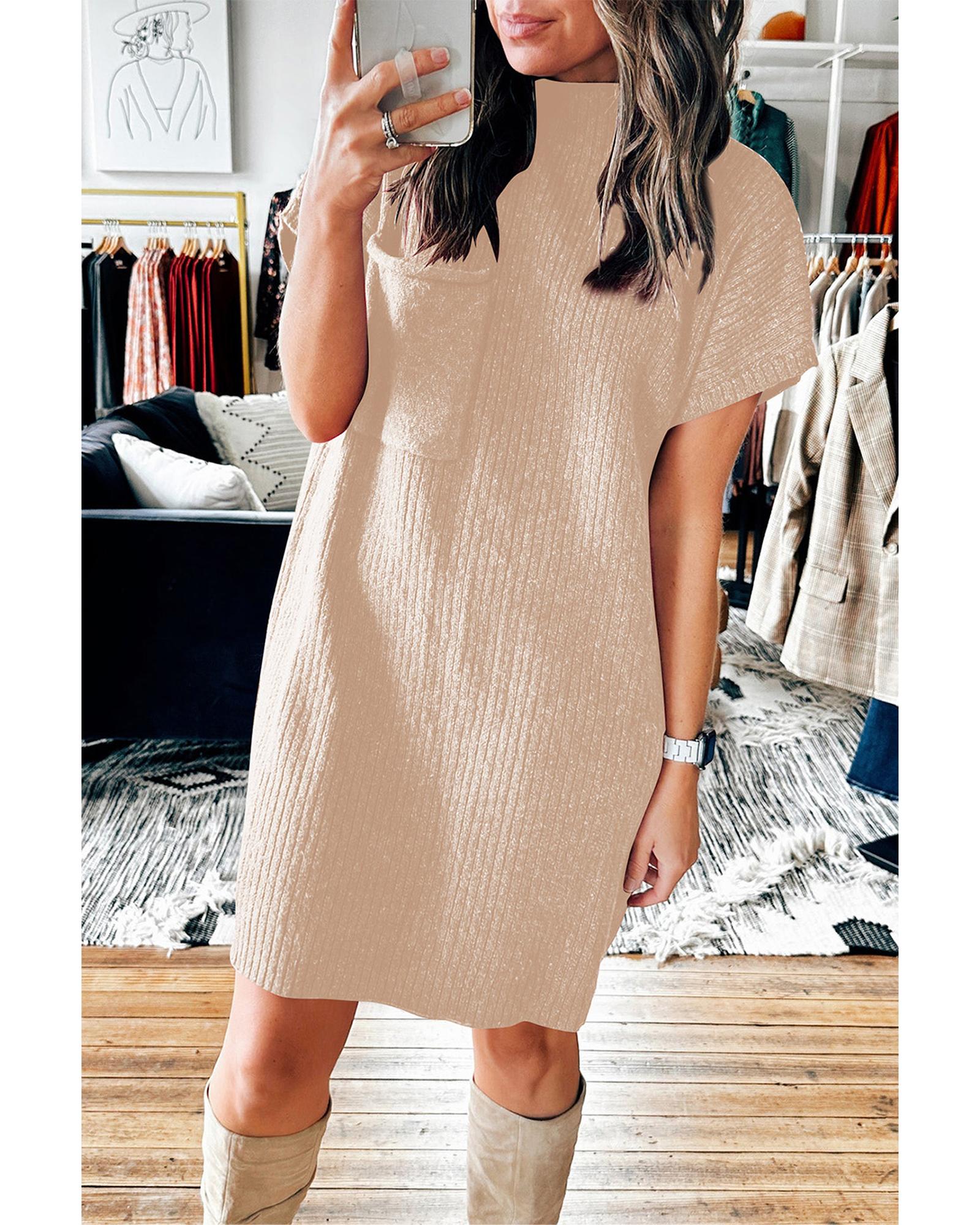Oatmeal Patch Pocket Ribbed Knit Short Sleeve Sweater Dress - L