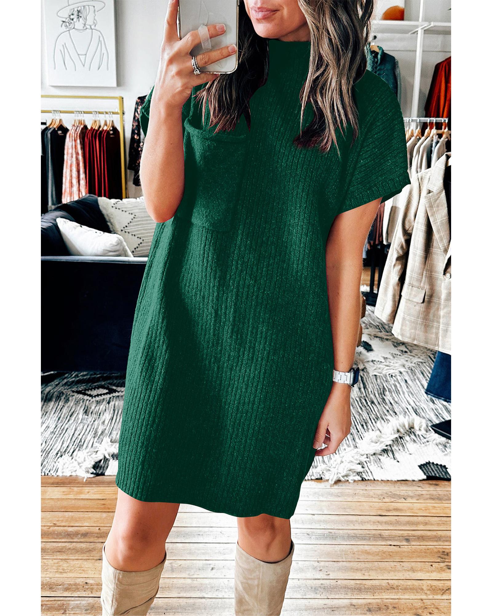 Blackish Green Patch Pocket Ribbed Knit Short Sleeve Sweater Dress - L