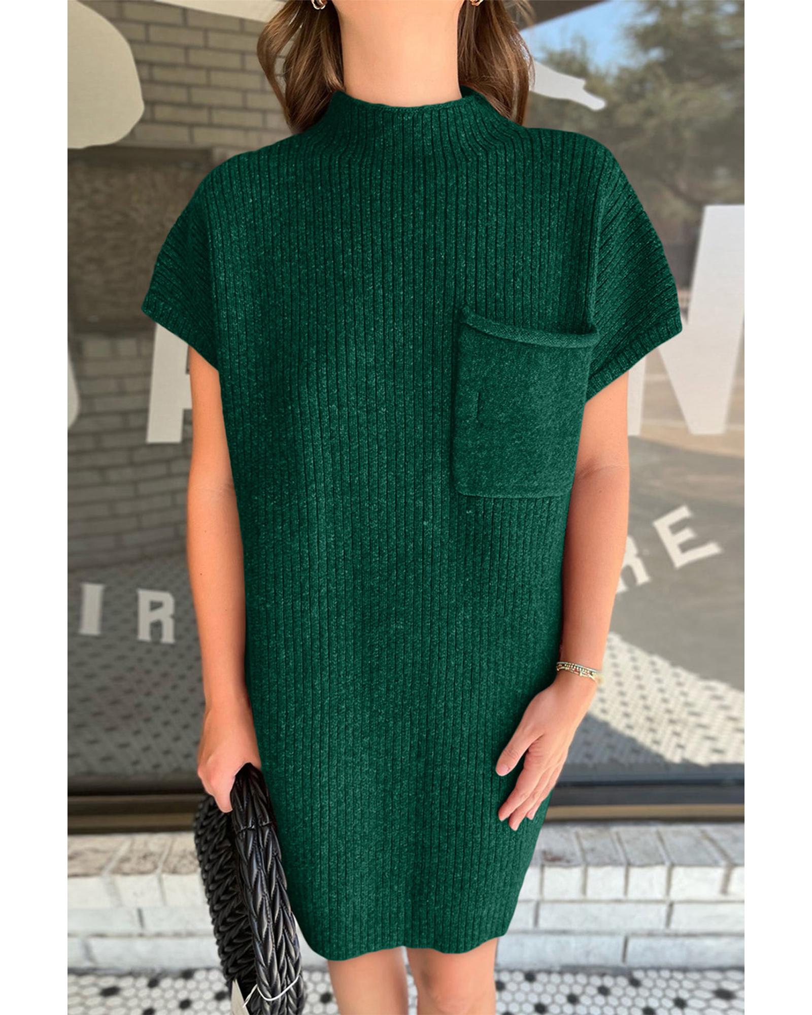 Blackish Green Patch Pocket Ribbed Knit Short Sleeve Sweater Dress - S