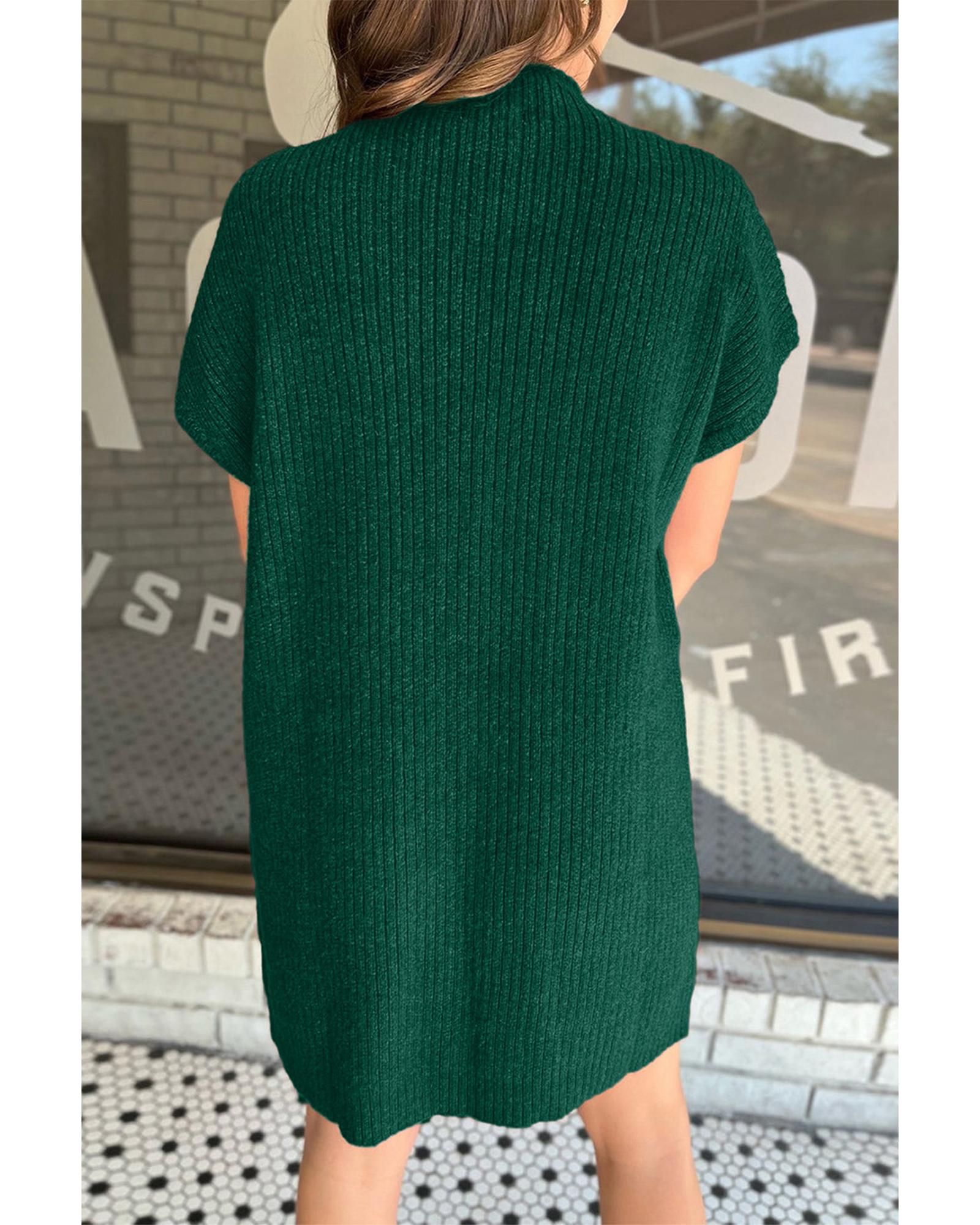 Blackish Green Patch Pocket Ribbed Knit Short Sleeve Sweater Dress - S