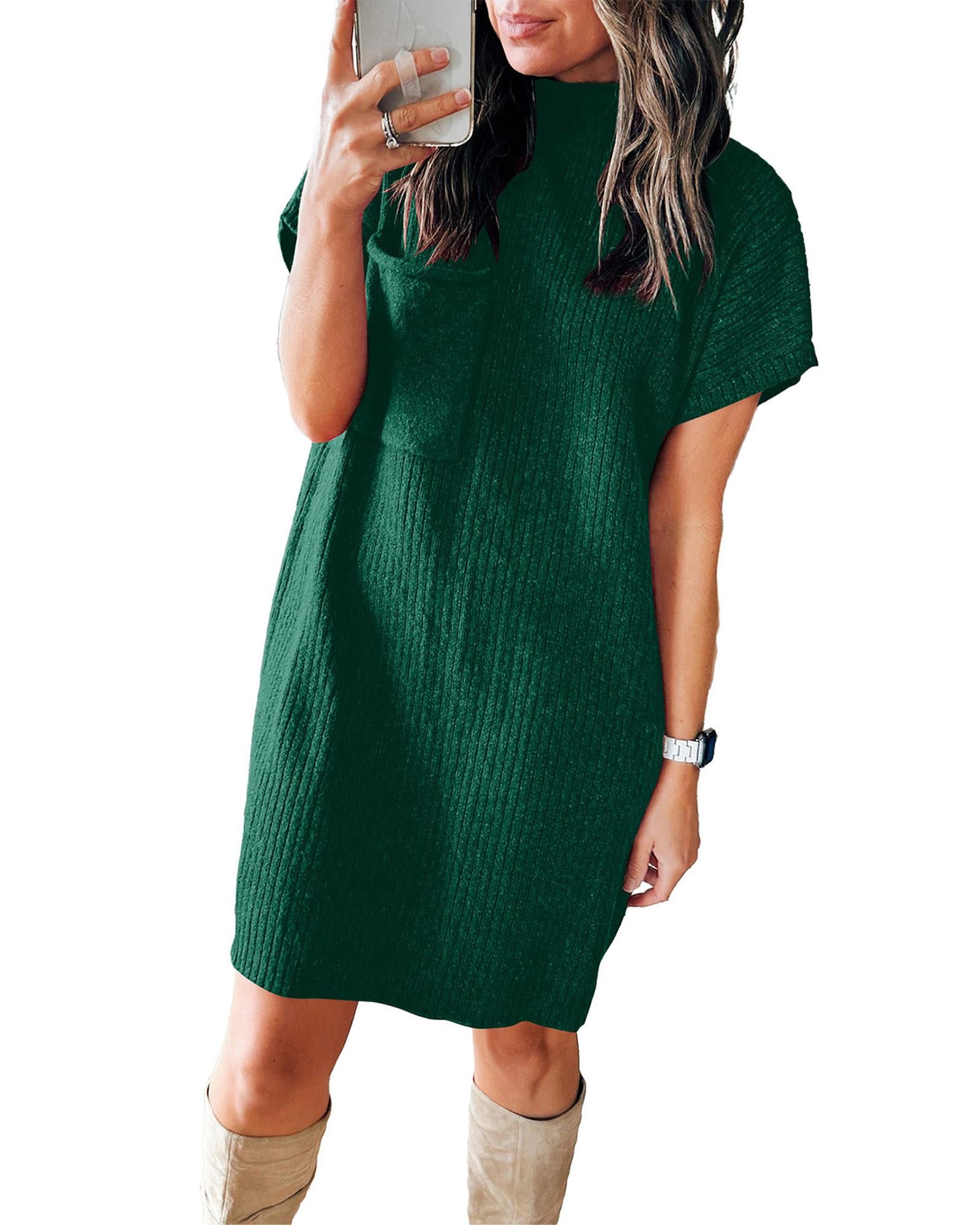 Blackish Green Patch Pocket Ribbed Knit Short Sleeve Sweater Dress - S