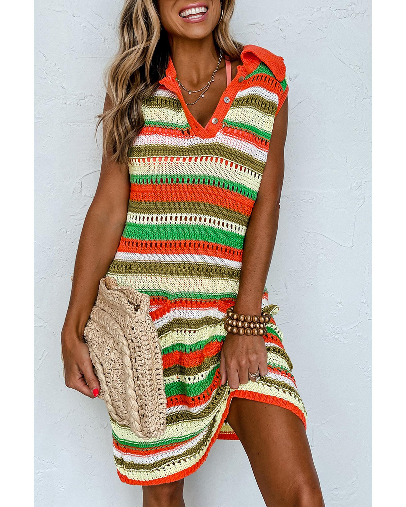 Yellow Stripe Eyelet Sleeveless Buttoned Split Neck Sweater Dress - XL