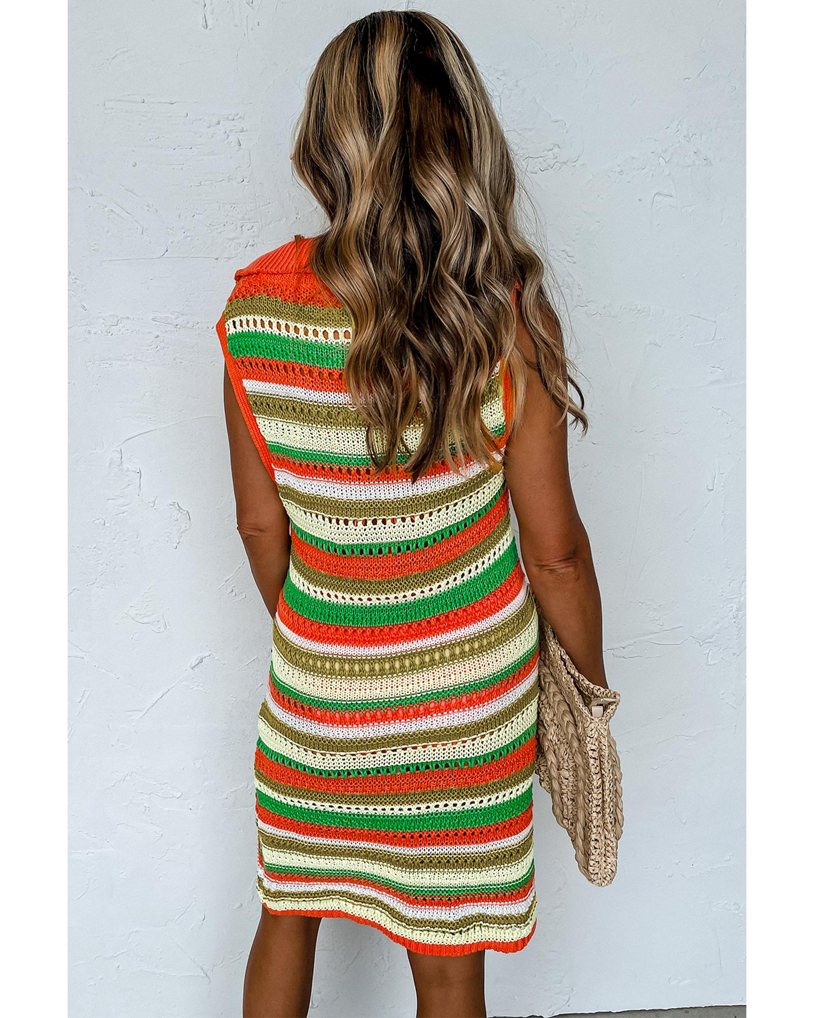 Yellow Stripe Eyelet Sleeveless Buttoned Split Neck Sweater Dress - XL