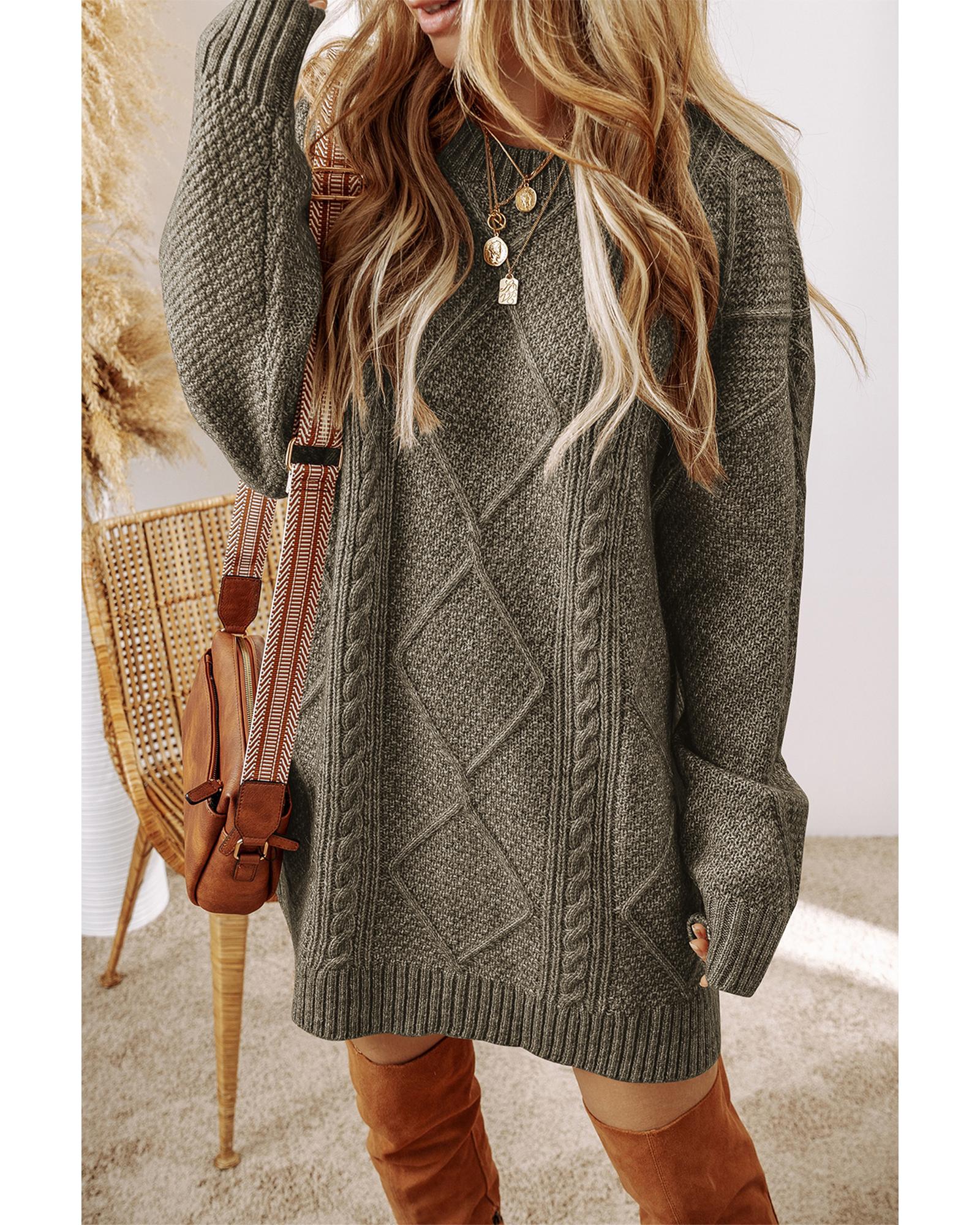Mist Green Cable Knit Drop Shoulder Loose Fit Sweater Dress - S