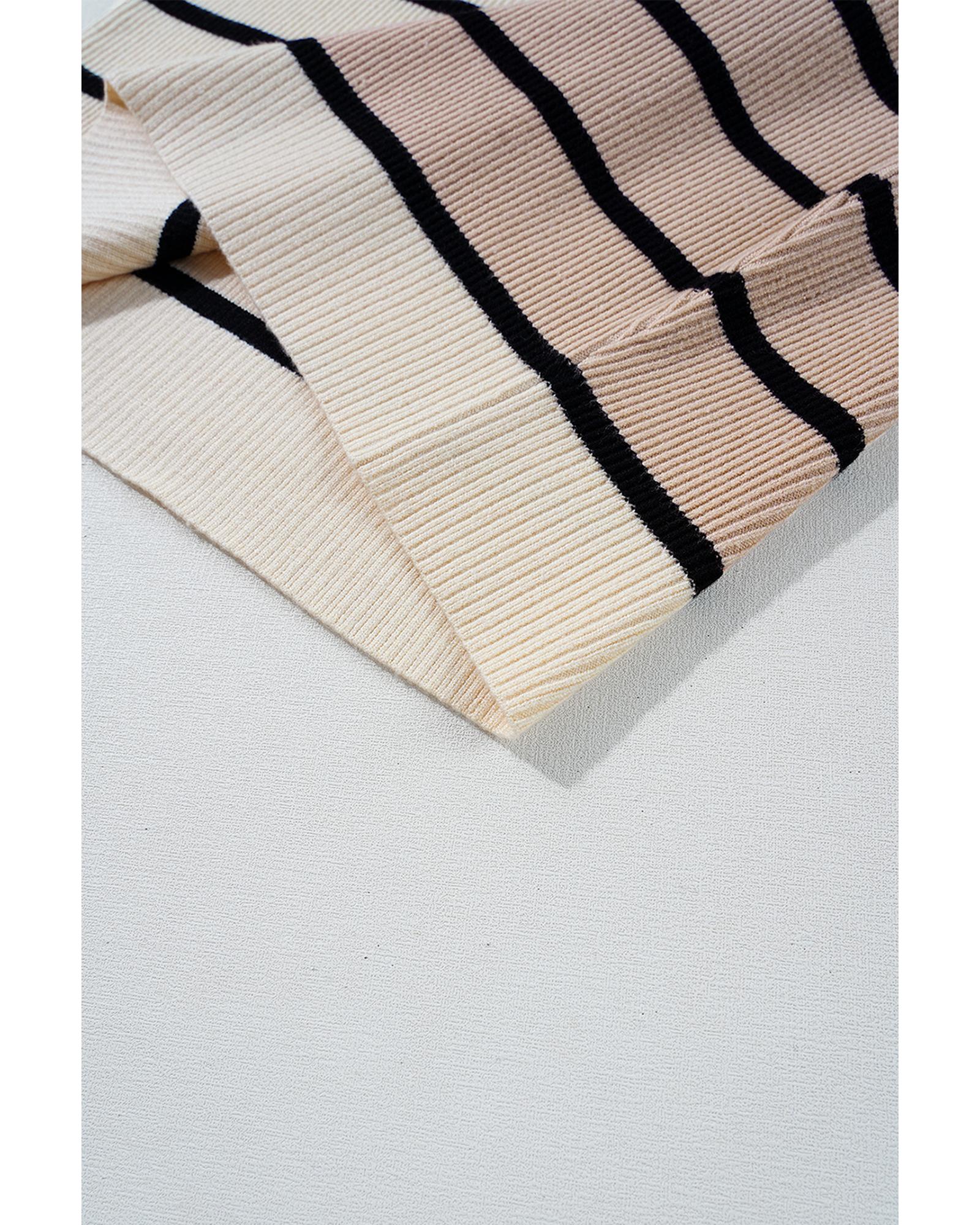 Khaki Stripe Color Block Quarter Zip Collar Short Sleeve Sweater Dress - 2XL