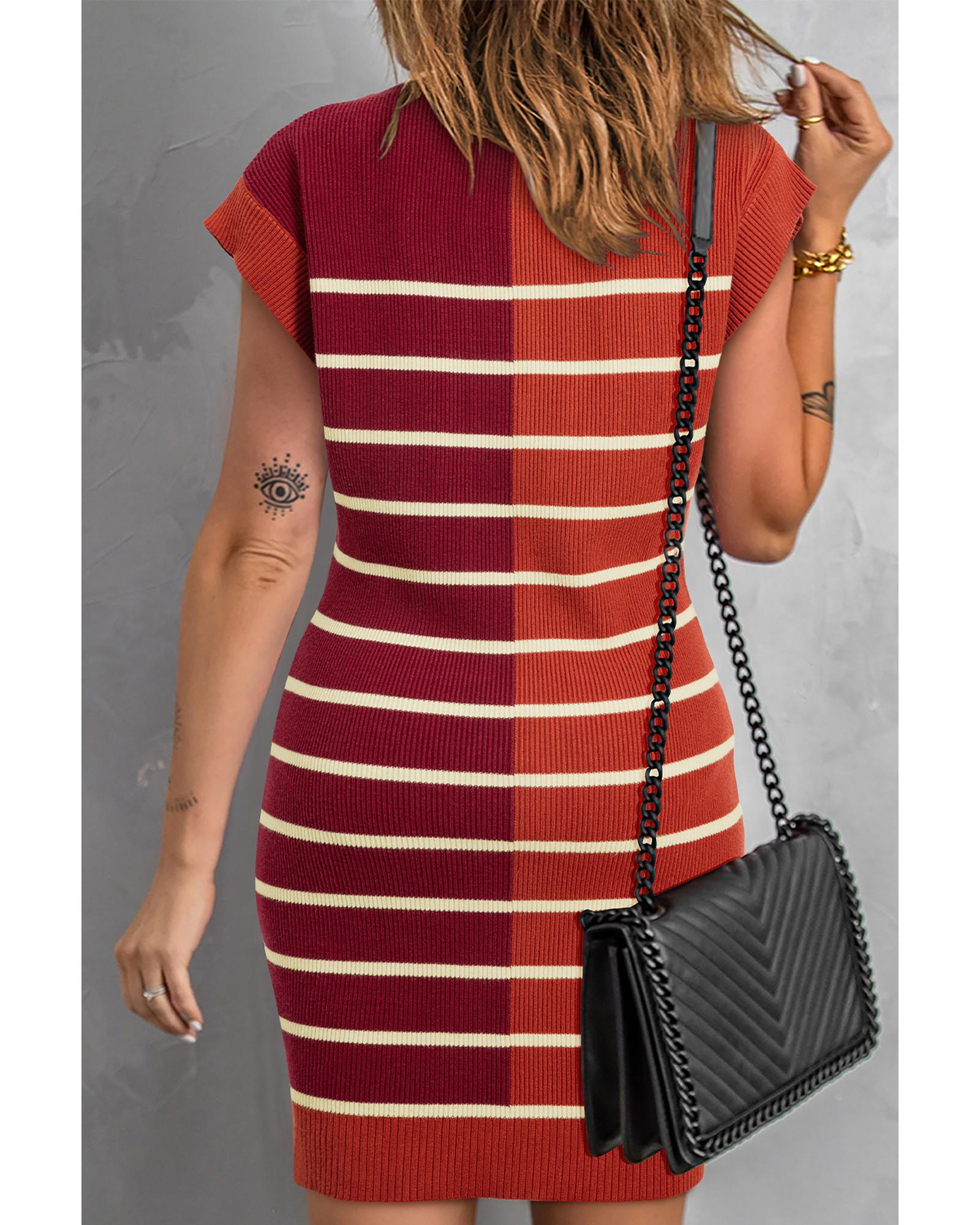 Brown Stripe Color Block Quarter Zip Collar Short Sleeve Sweater Dress - L