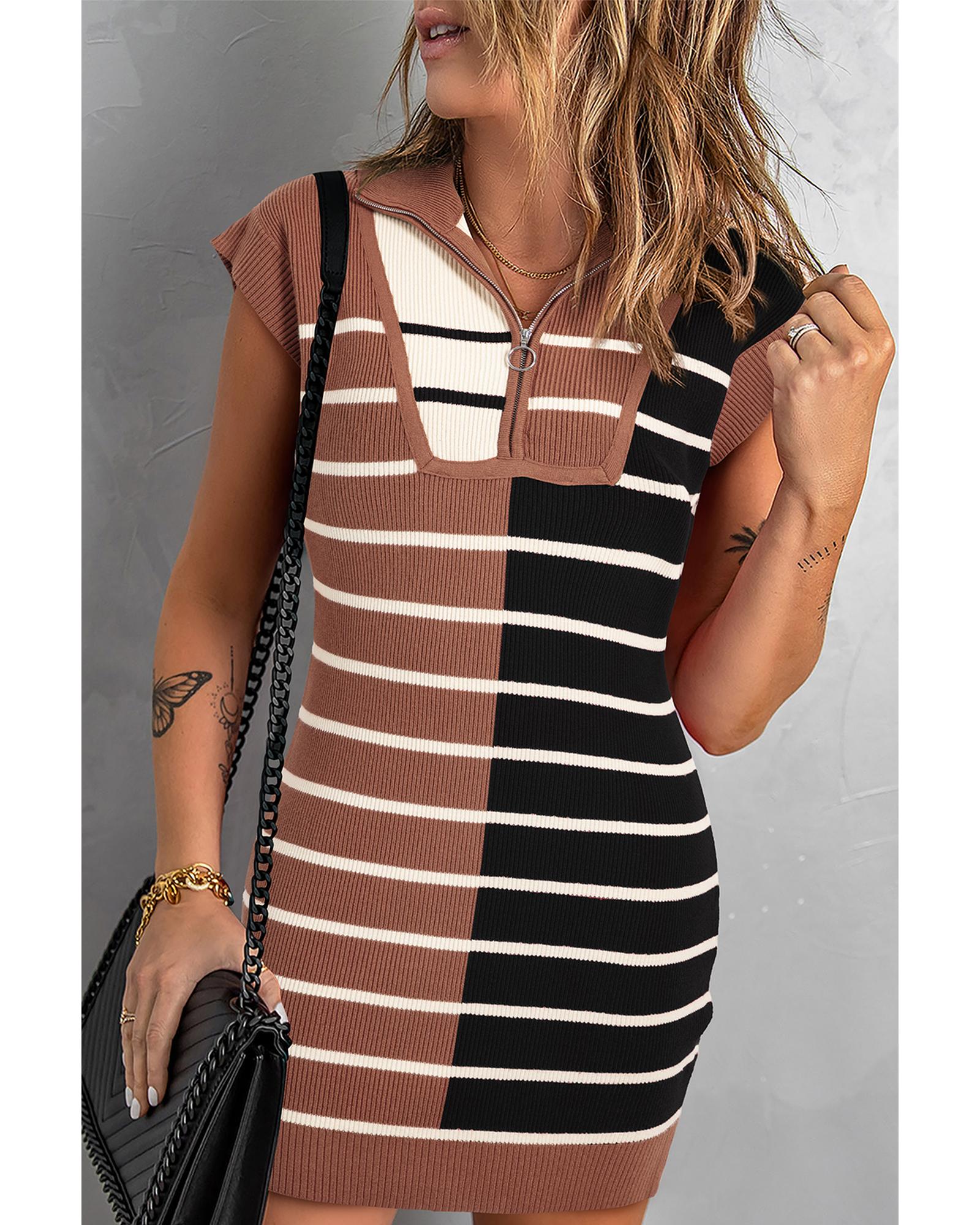 Black Stripe Color Block Quarter Zip Collar Short Sleeve Sweater Dress - L