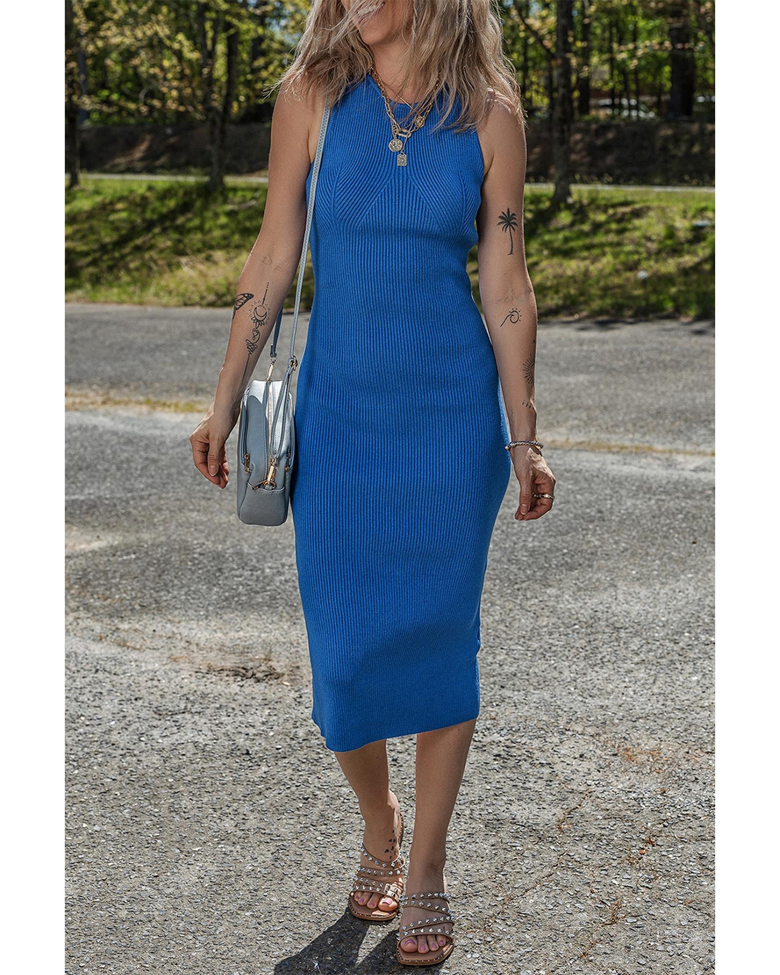 Dark Blue Solid Ribbed Knit Sheath Sleeveless Midi Sweater Dress - M