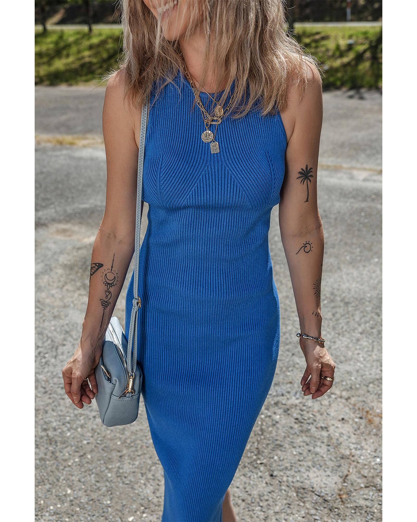 Dark Blue Solid Ribbed Knit Sheath Sleeveless Midi Sweater Dress - M