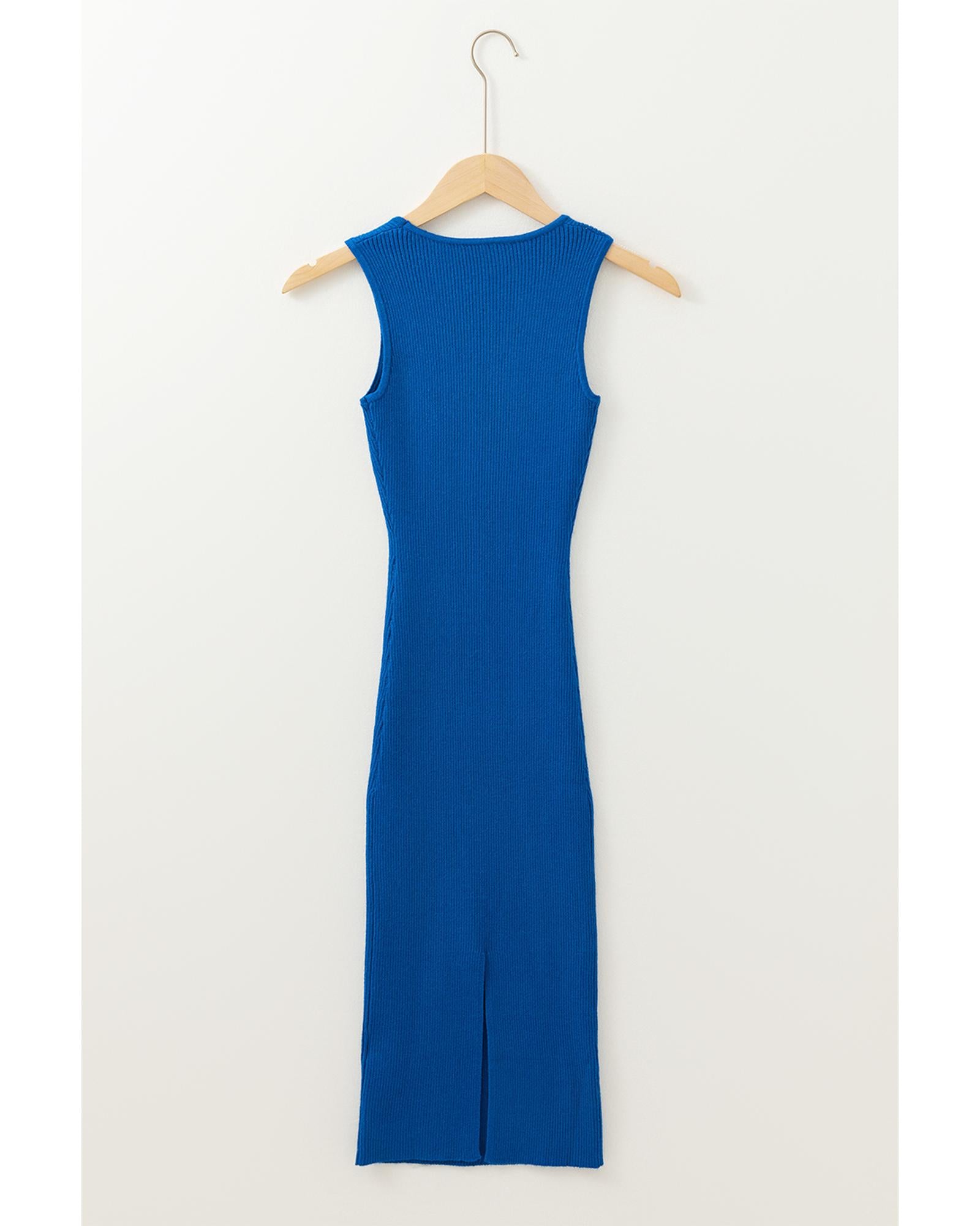 Dark Blue Solid Ribbed Knit Sheath Sleeveless Midi Sweater Dress - XL