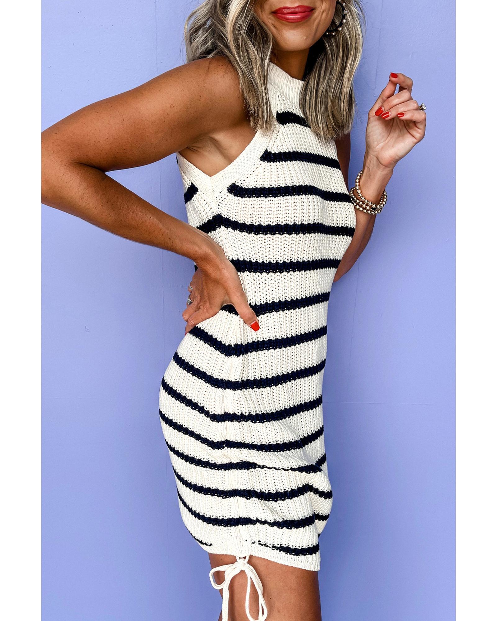 Black Stripe Knitted Drawstring Detail Sleeveless Dress - L
