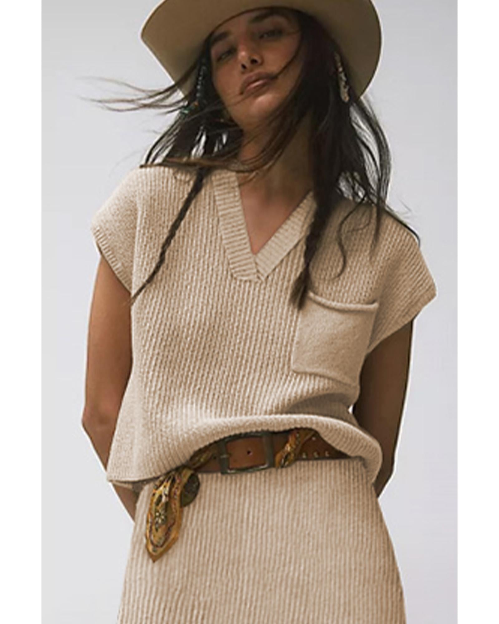 Apricot Chest Pocket V Neck Ribbed Cap Sleeve Sweater - M