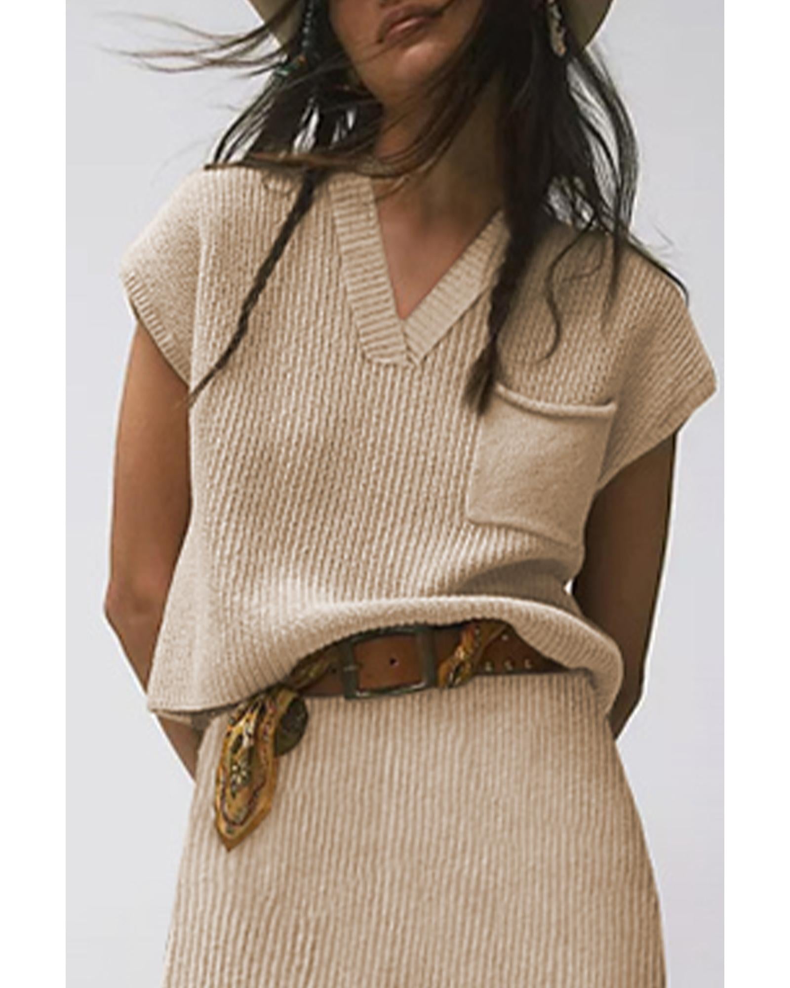 Apricot Chest Pocket V Neck Ribbed Cap Sleeve Sweater - XL