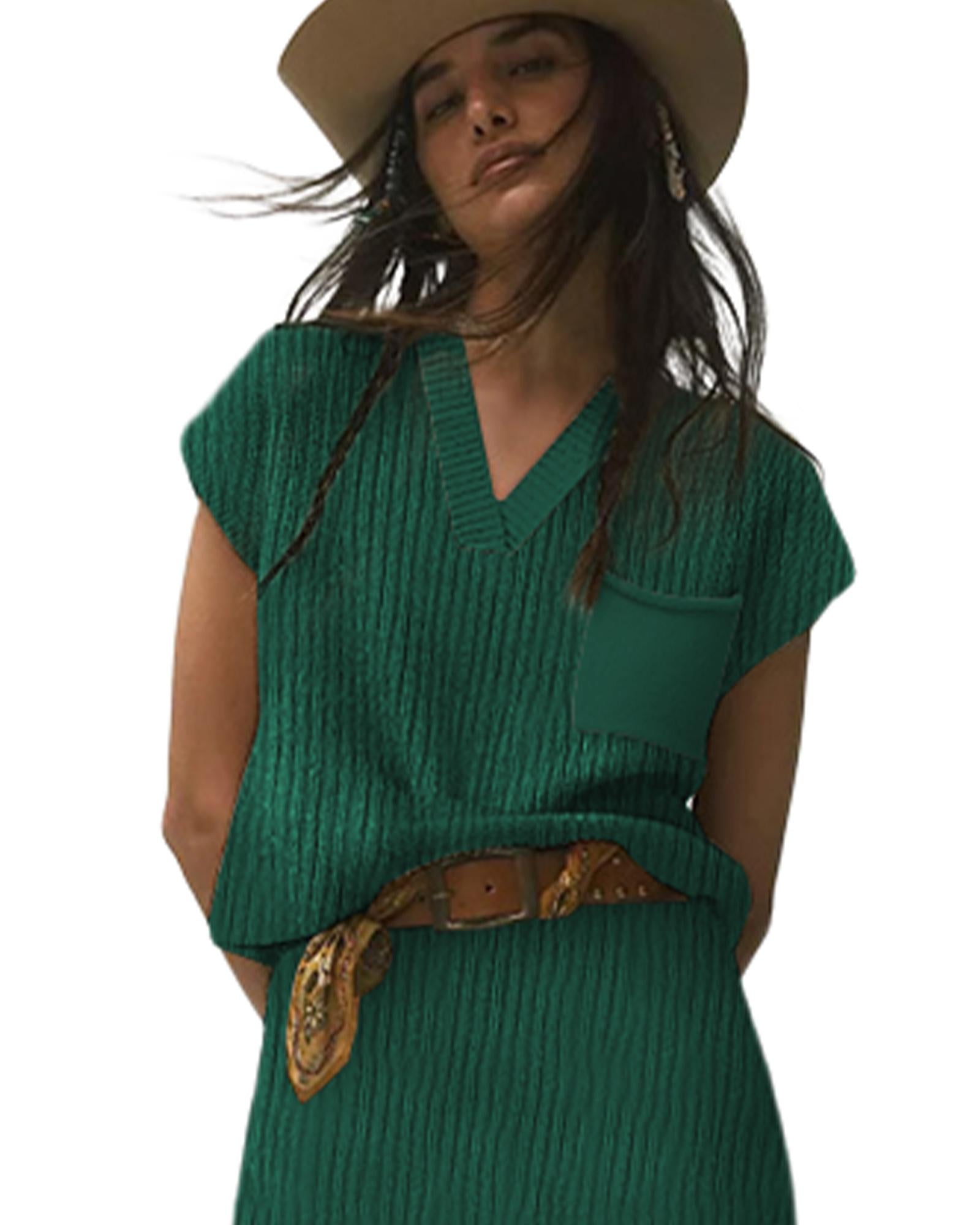 Blackish Green Chest Pocket V Neck Ribbed Cap Sleeve Sweater - S