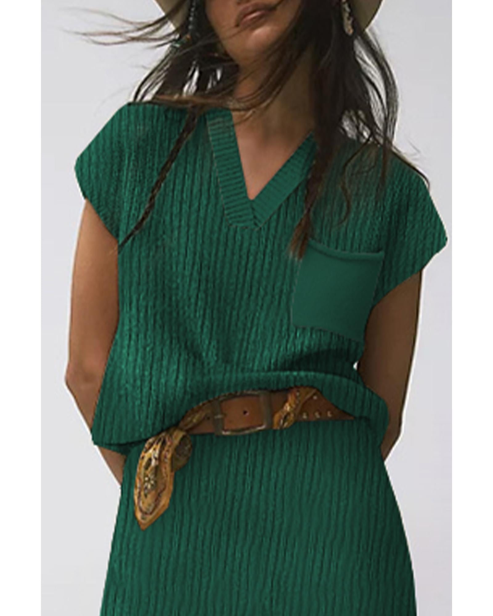 Blackish Green Chest Pocket V Neck Ribbed Cap Sleeve Sweater - S