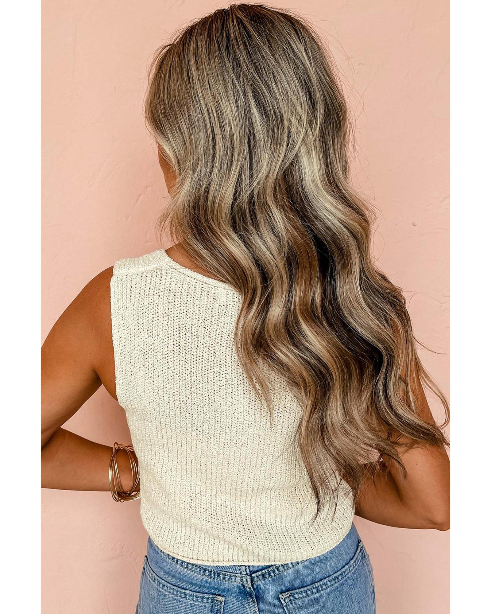 Beige Lace-up Front V Neck Sweater Vest - XL