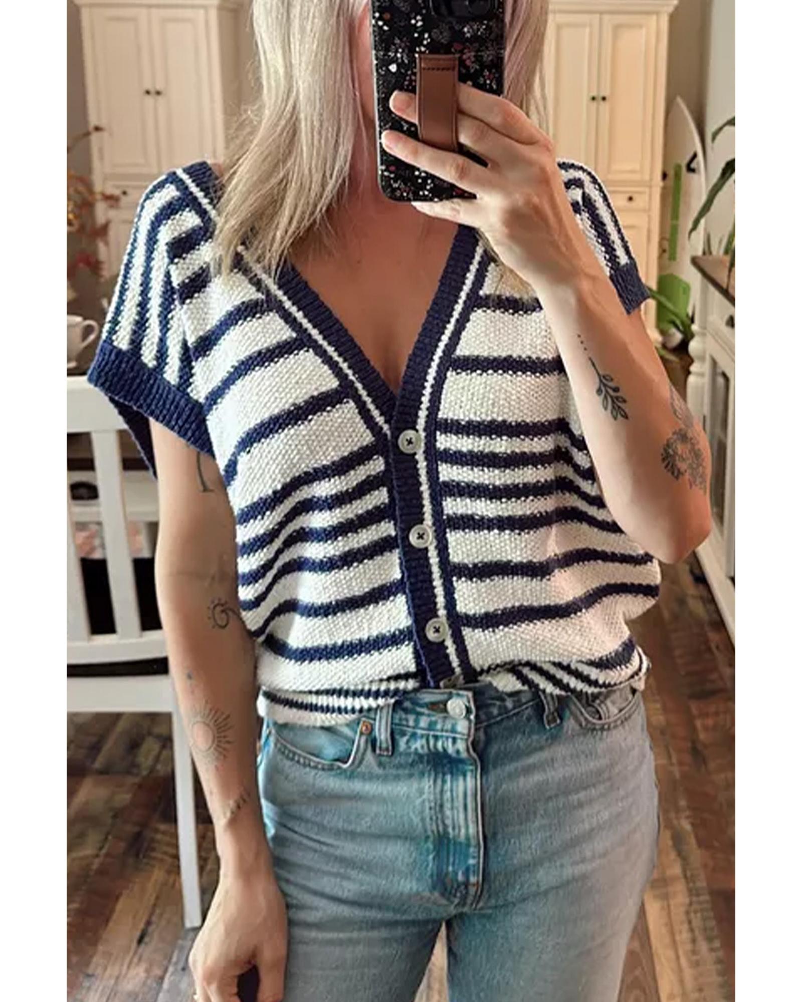 Blue Stripe Loose Buttoned V Neck Sweater Vest - L