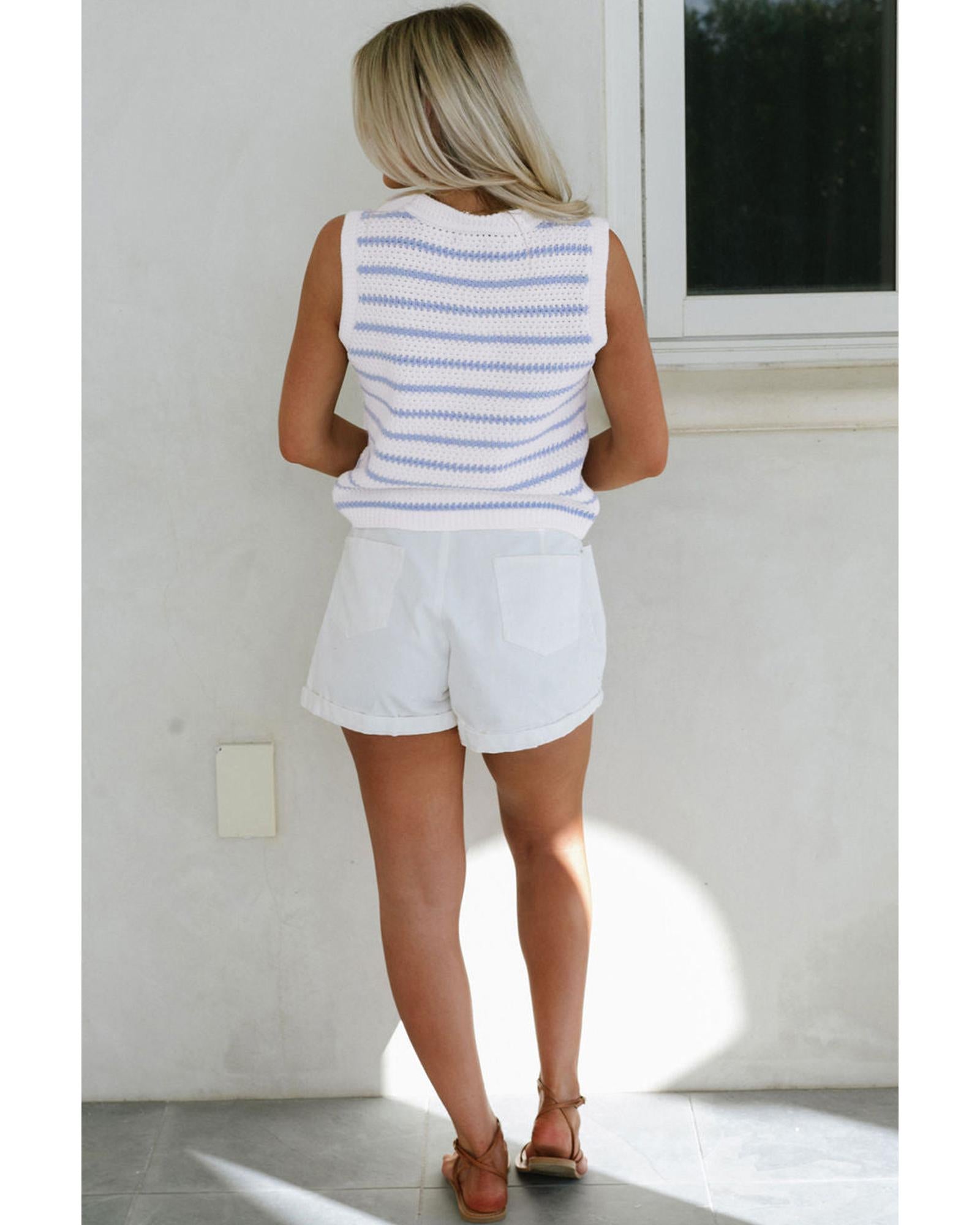 Sky Blue Stripe V Neck Gold Buttons Elegant Sweater Vest - L