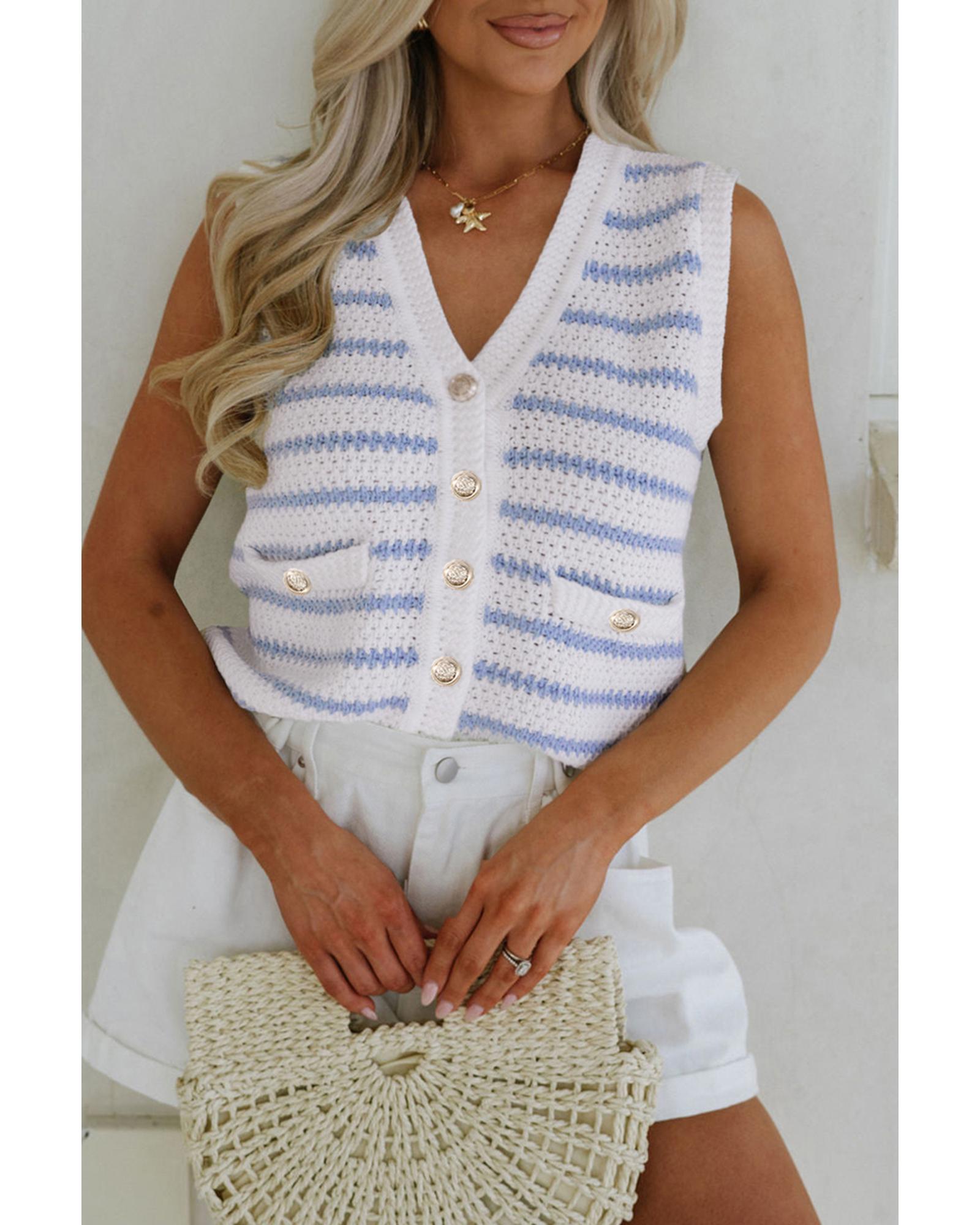 Sky Blue Stripe V Neck Gold Buttons Elegant Sweater Vest - XL