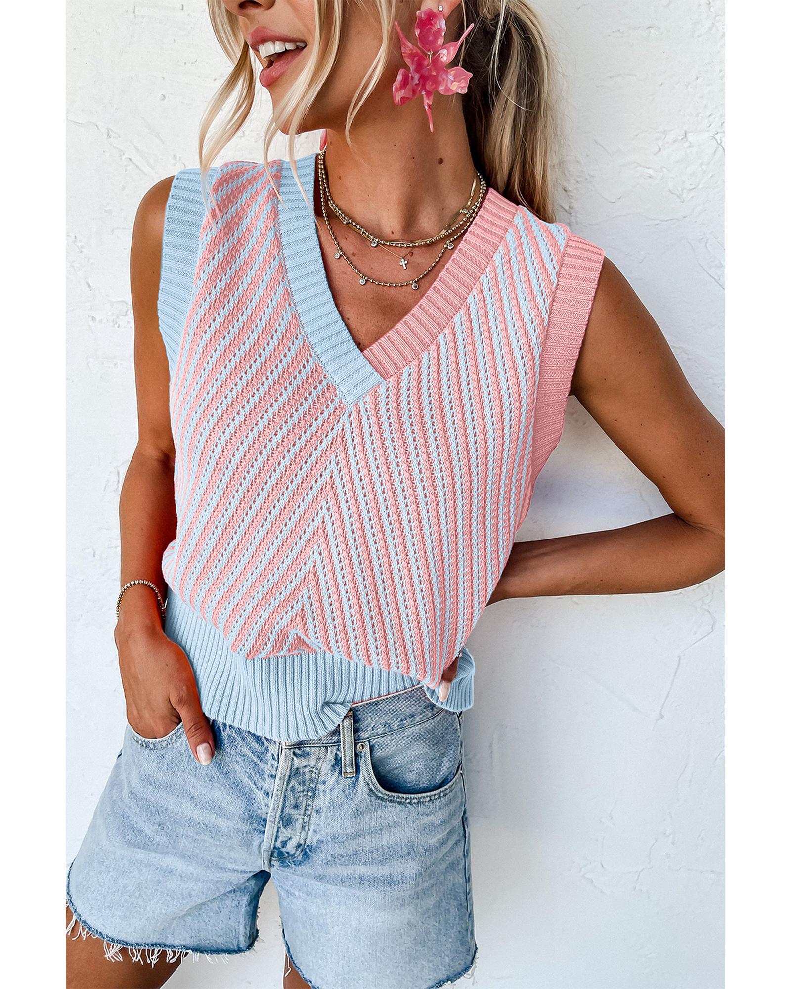 Light Pink Contrast Chevron Knit V Neck Sweater Vest - M